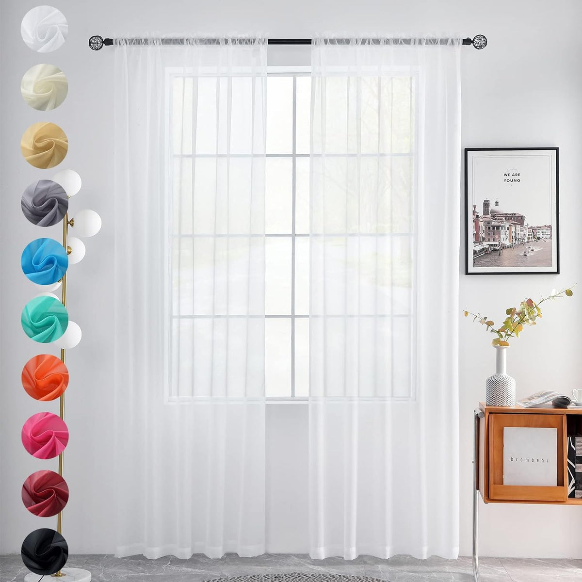 youleyar Solid Sheer Rod Pocket Curtain Voile Draperies 2 Panels White Beige Black Grey Coffee 52 Inch Width 84 Inch Long 1 Pair for Kitchen Bedroom Children Living Room Yard (Ivory,52W ｘ 84L)