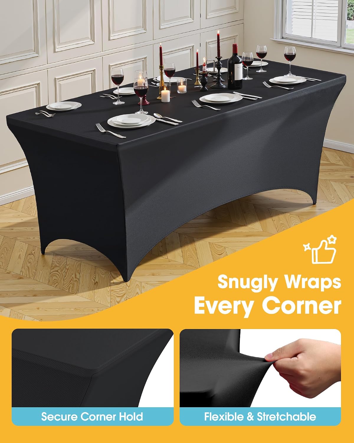 4-Pack Black Spandex Tablecloths – 72"x30"x30" Stretch Fitted Table Covers for 6ft Rectangle Folding Tables, Wrinkle-Resistant Tablecloth for Wedding, Banquet & Outdoor Events | Fitted Rectangle, 6 ft Tables, Stretch Fit, Wrinkle Resistant, Wedding Banque