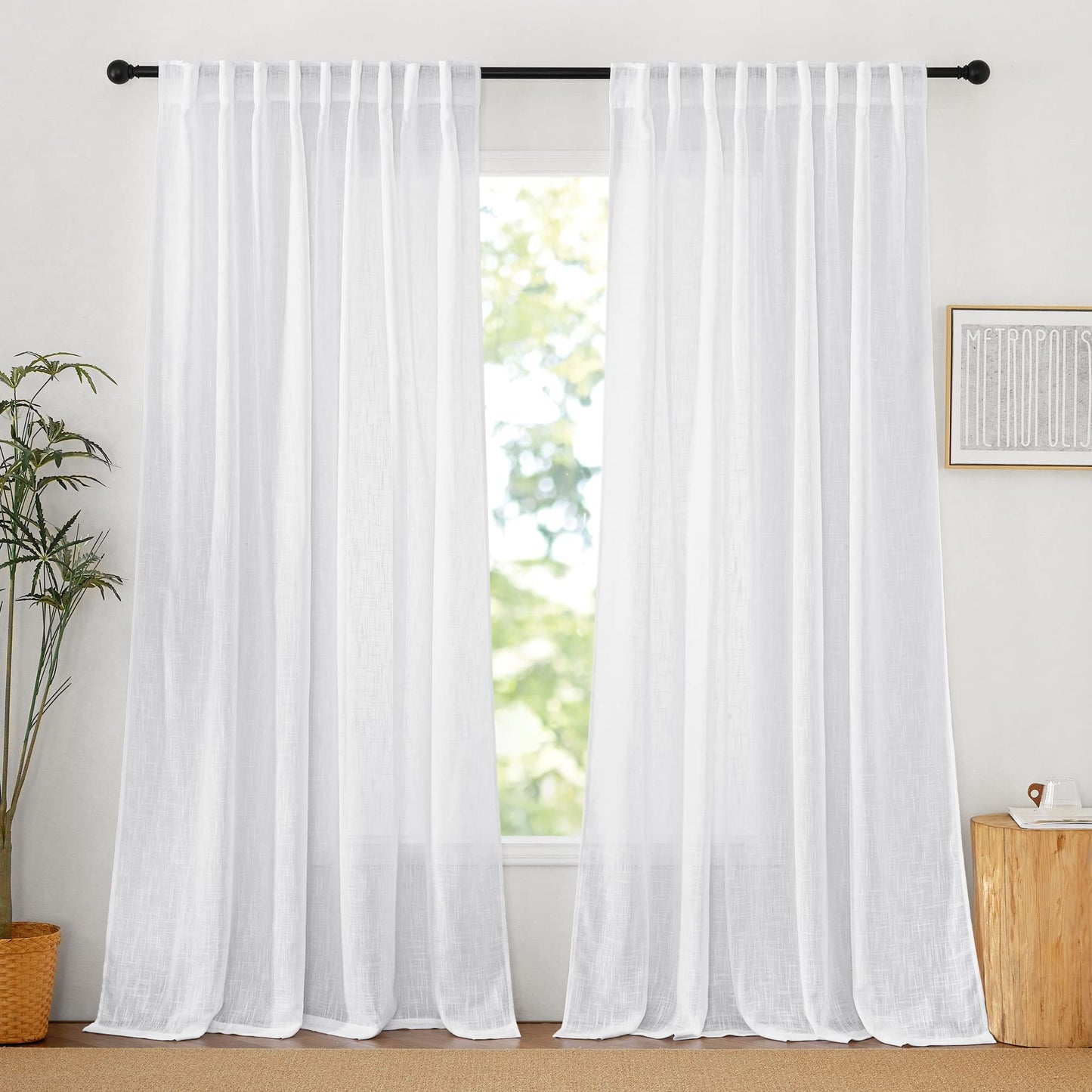 RYB HOME White Sheer Curtains for Living Room Patio Glass Door, W52 x L95 | Linen Texture, Light Filtering Privacy, Airy Translucent, Back Tab, Bedroom Office Balcony, W52 x L95, 2 Panels
