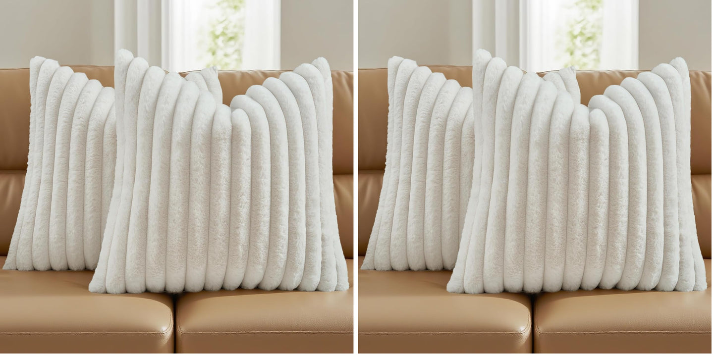 FUTEI Pack of 2 Faux Fur Throw Pillow Covers 18x18 Inch, Cream White | Fluffy Faux Rabbit Fur Front/Premium Velvet Back,Hidden Zipper,Machine Washable,Non-Shedding,Colorfast,Insert Not Included.