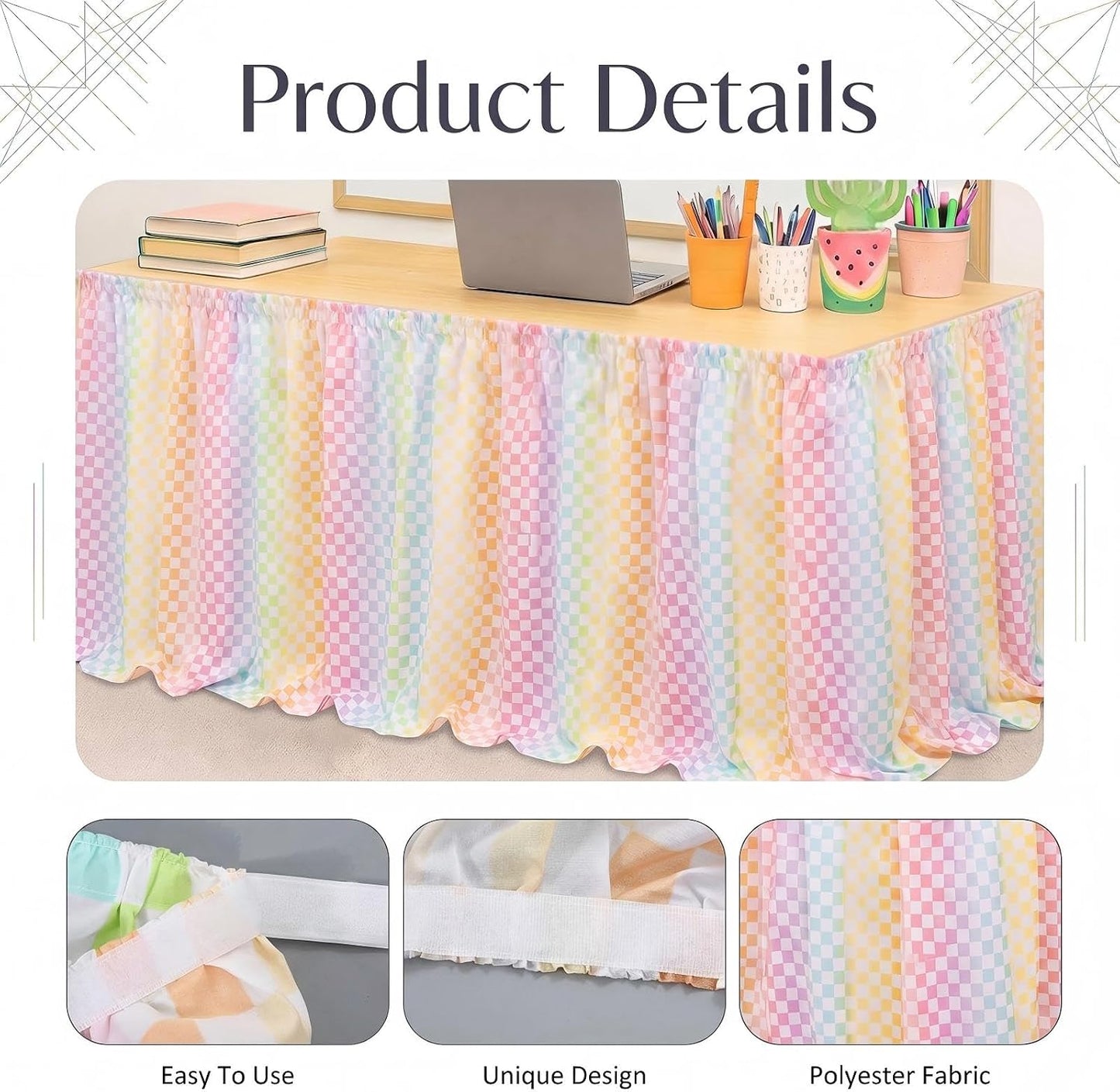 Teacher Desk Skirt 6 ft Pastel Checkered Classroom Decor | Ruffled Table Cover for Teacher Desk, Fits Kindergarten Office Decor, Back to School Classroom Supplies