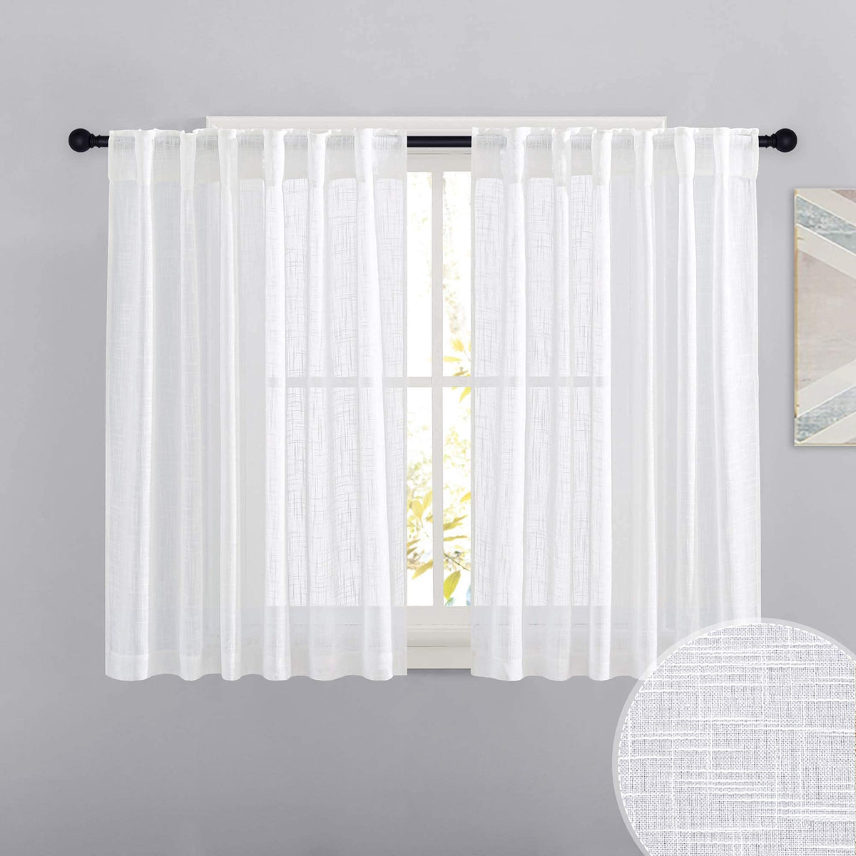 RYB HOME White Sheer Curtains for Living Room Patio Glass Door, W52 x L95 | Linen Texture, Light Filtering Privacy, Airy Translucent, Back Tab, Bedroom Office Balcony, W52 x L95, 2 Panels