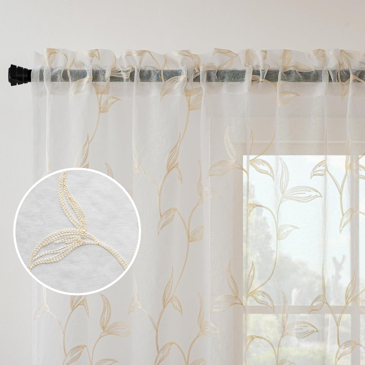 Sheer Curtains Boho Leaf Floral Embroidered Cream Beige 54Wx84L | Light Filtering Semi Sheer Voile Curtains With Design, Rod Pocket Window Drapes for Bedroom Living Room 2 Panels