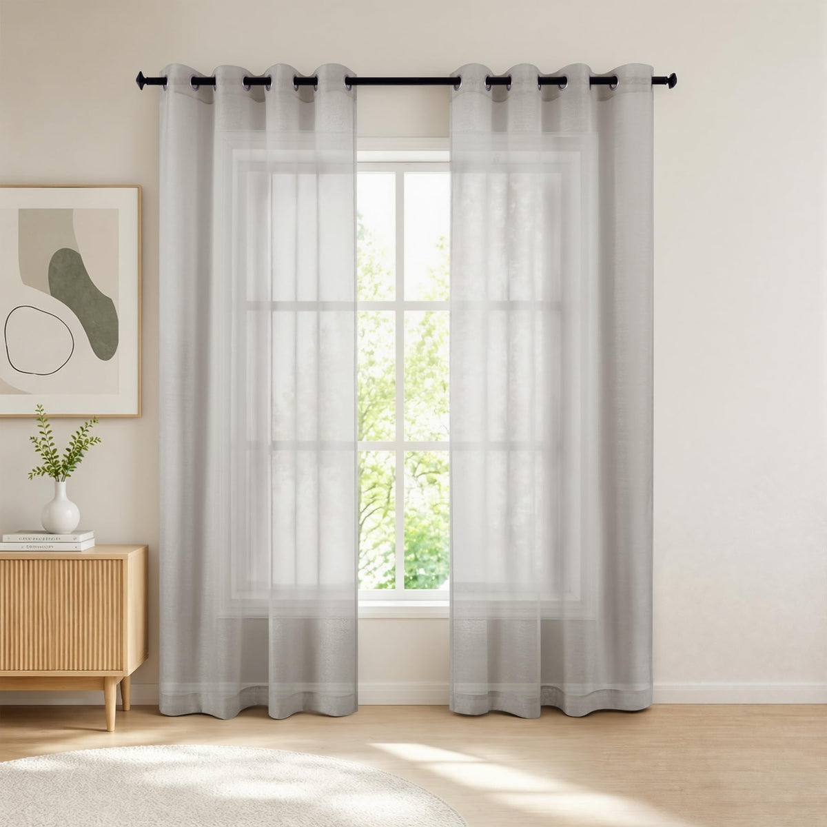 White Sheer Curtains 84 Inches Long Set 2 Panels Grommet Pair Faux Linen Semi Transparent Drape Tulle Gauze Voile Window Sheer Curtains for Bedroom Living Room Dining Wide 52 Length Solid Pack