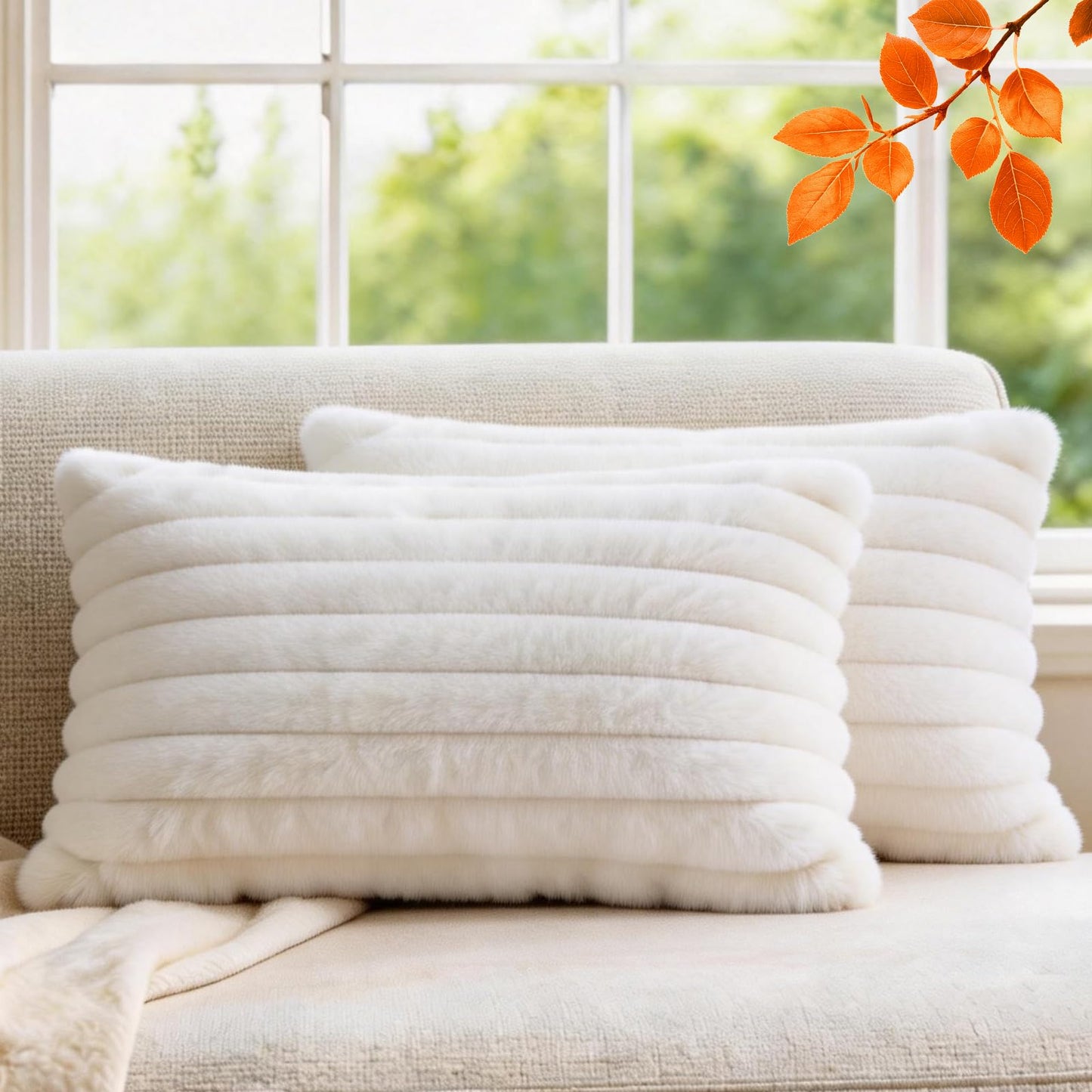 Pack of 2 Throw Pillow Covers 18x18 Decorative Solid Plush Faux Fur with Soft Velvet Back, Square Striped Cushion Cases Modern Farmhouse Home Decor for Living Room Couch Sofa Bed Cream White