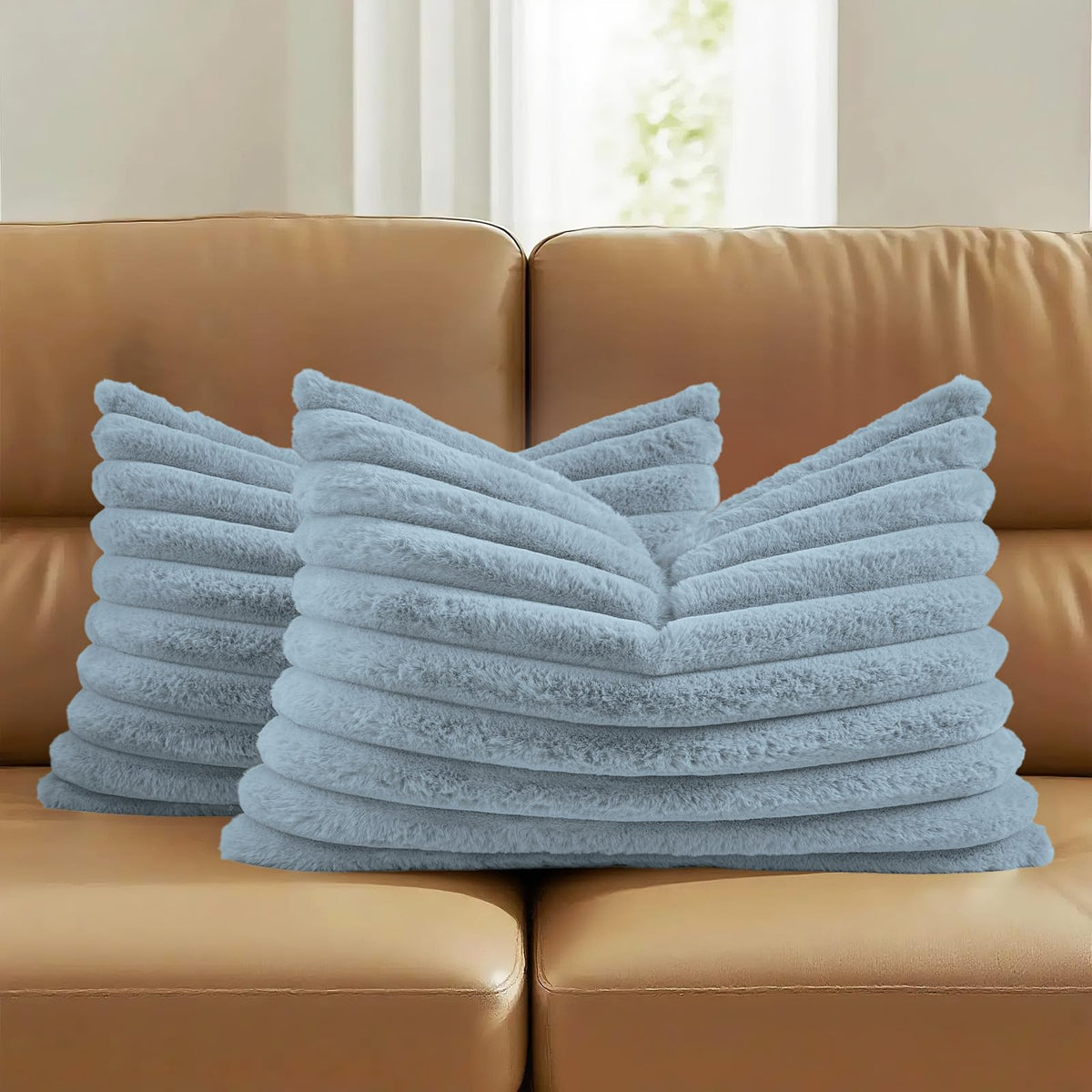 FUTEI Pack of 2 Faux Fur Throw Pillow Covers 18x18 Inch, Cream White | Fluffy Faux Rabbit Fur Front/Premium Velvet Back,Hidden Zipper,Machine Washable,Non-Shedding,Colorfast,Insert Not Included.