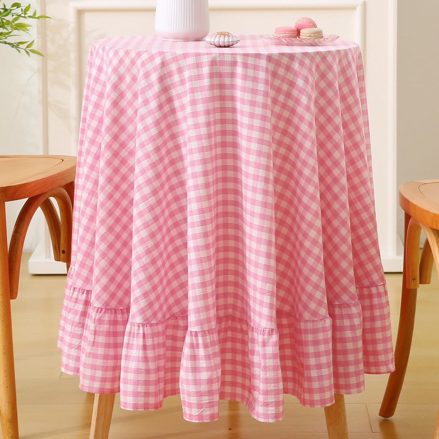 Blush White Gingham Ruffled Table Cloth Rectangular 120“x60” | 100% Washed Cotton, for Seat 8-10, Buffet Picnic Baby Shower Party Tablecloth, Decorative Checker Plaid Farmhouse Table Cover