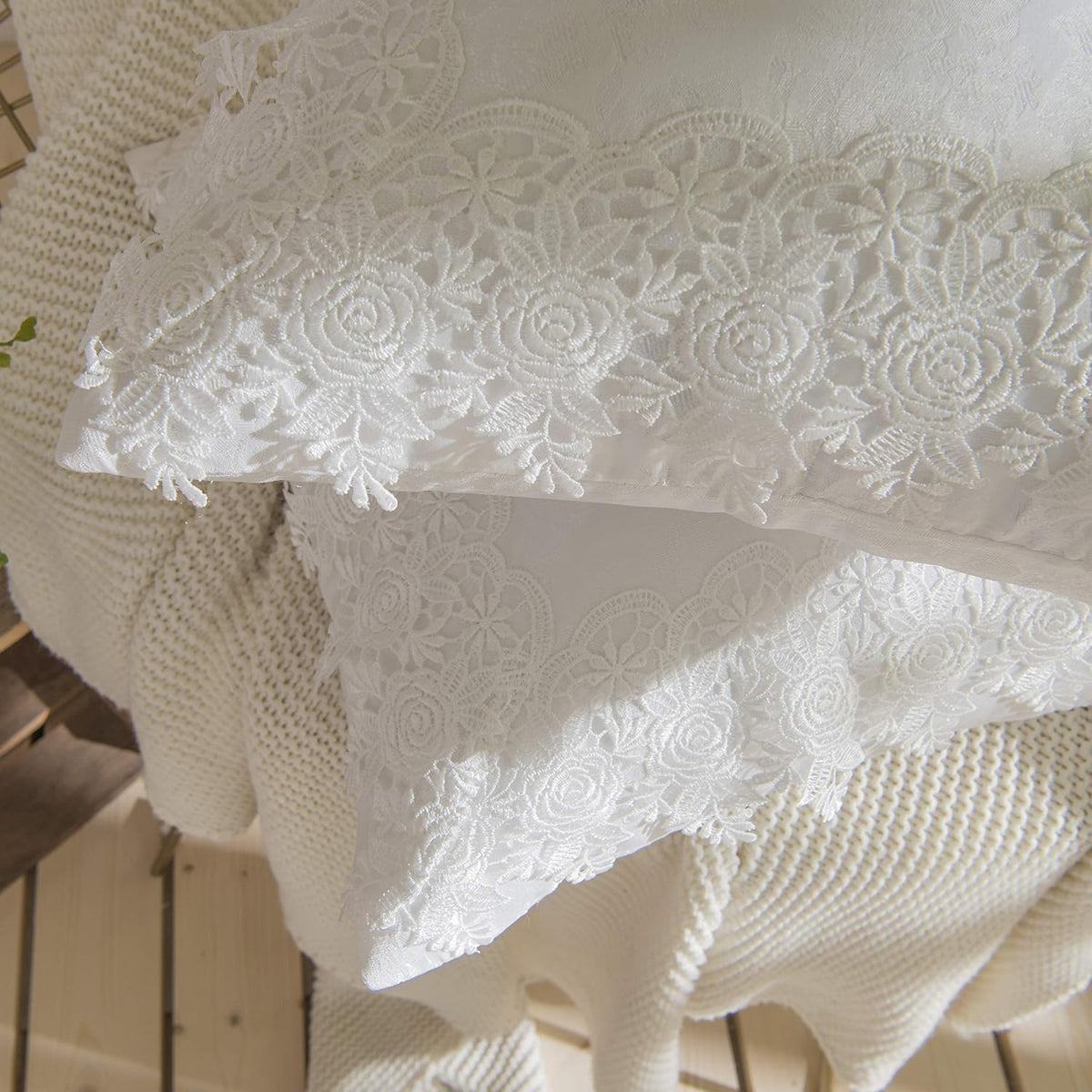 Pack of 2 Jacquard Embroidery Throw Pillow Covers Lace Ruffles 16"x16" | White Lace Ruffles Pillow Covers for Couch Sofa Home Bed