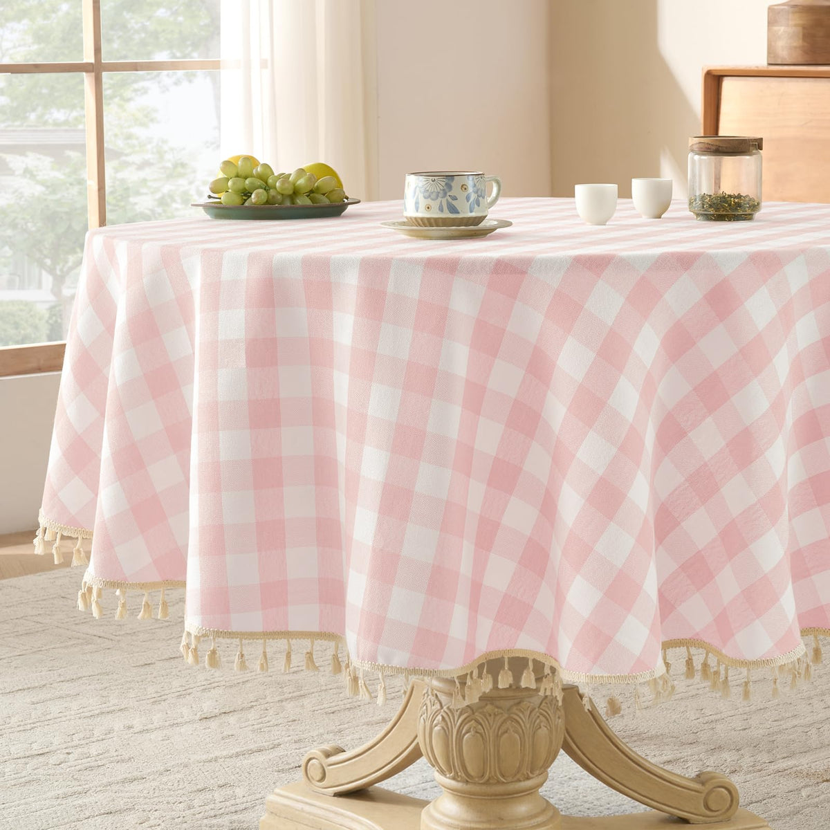 Softalker Outdoor Checkered Tablecloth, Linen Cotton Gingham Table Cloths for 6 Foot Rectangle Tables with Tassel, Heavy Duty Wrinkle Free Plaid Table Cover for Picnic Camping - 55 x 84 Inch, Sage