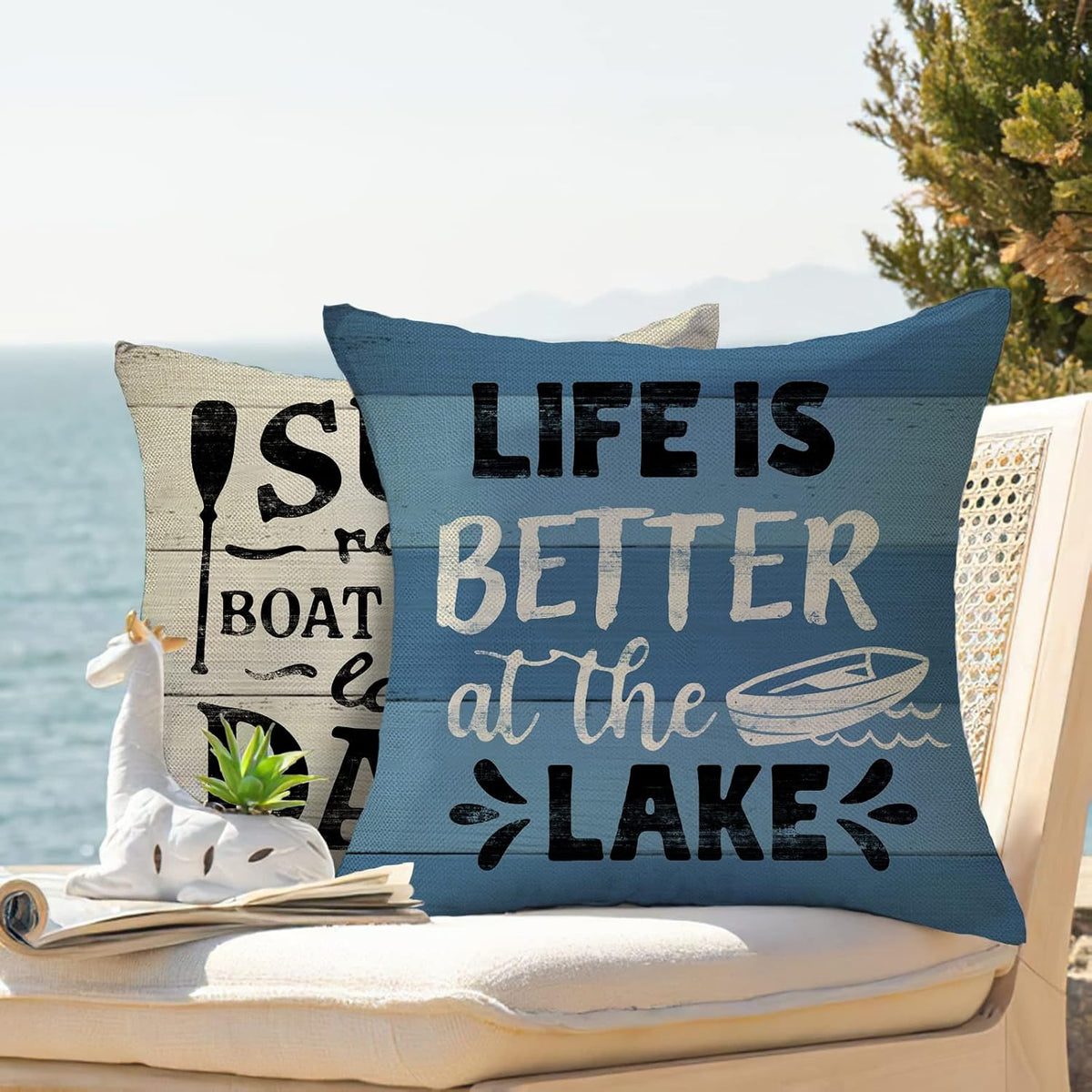 Life is Better at The Lake House Decorative 18x18 Throw Pillow Cover | Set of 4, Lakehouse Retro Paddle Boat Decoration, Summer Farmhouse Pillowcase Cushion Case Home Decor for Sofa Couch