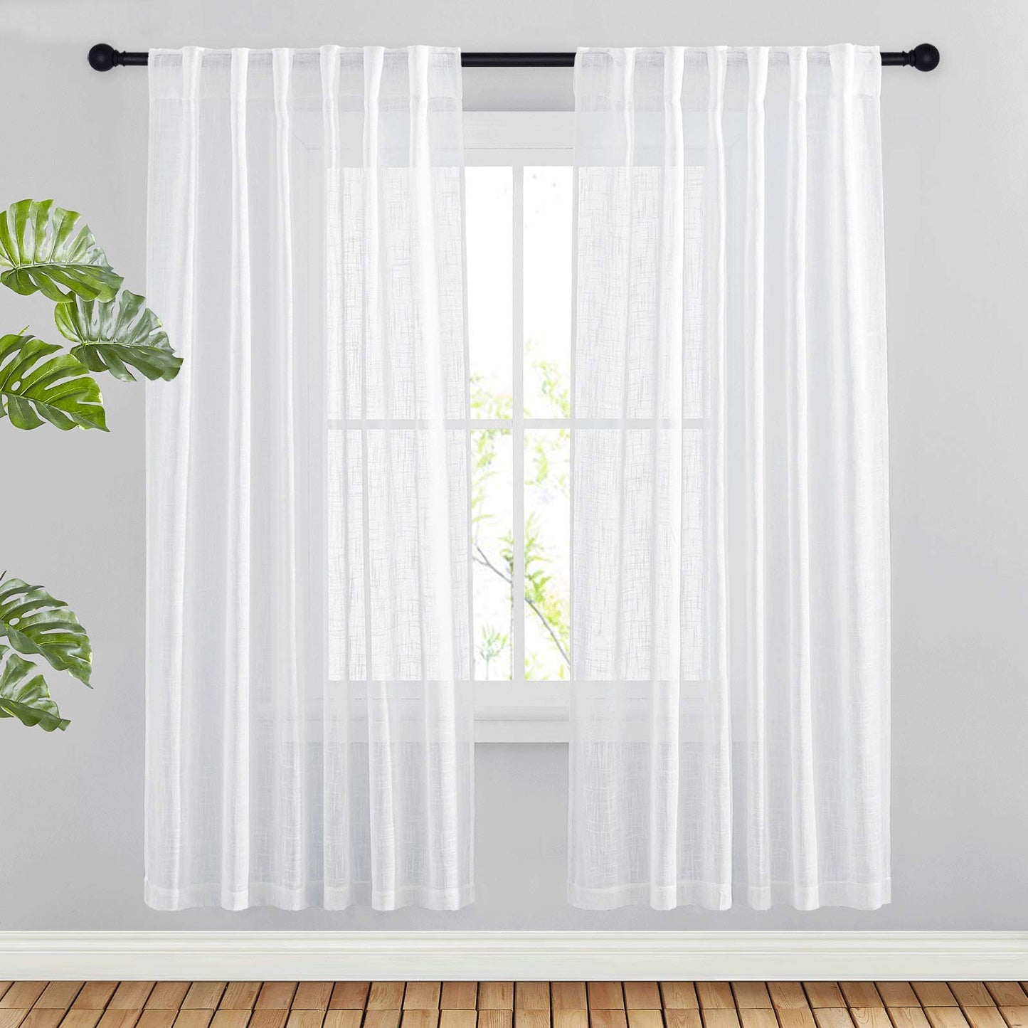 NICETOWN White Linen Sheer Curtains and Drapes 84 inches Long, Rod Pocket & Back Tab semitransparent with Light Through Vertical Window Treatments for Sliding Glass Door & Living Room, 52"W, Set of 2