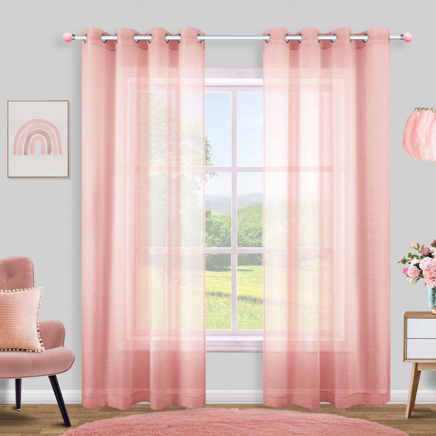 White Sheer Curtains 84 Inches Long Set 2 Panels Grommet Pair Faux Linen Semi Transparent Drape Tulle Gauze Voile Window Sheer Curtains for Bedroom Living Room Dining Wide 52 Length Solid Pack