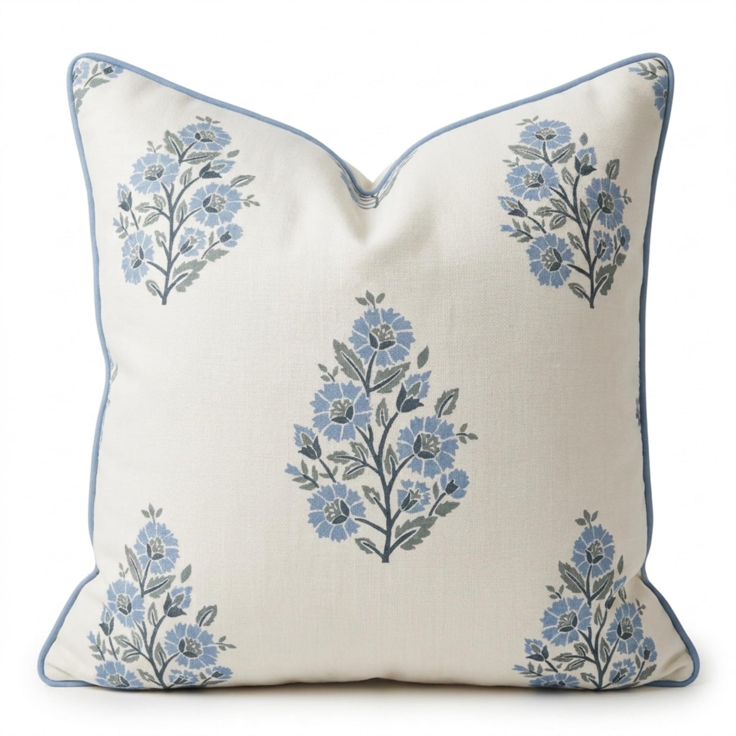 “The Camille” Floral Block Print Pillow Cover – Soft Blue and White Decorative Throw Pillow Cover – Grandmillennial Home Decor, 20" x 20"