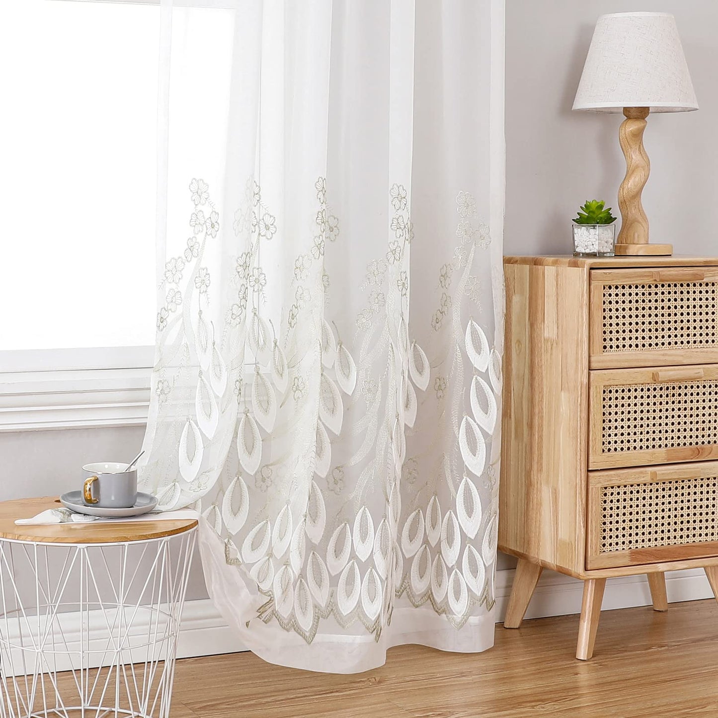 Sheer Curtains Boho Leaf Floral Embroidered Cream Beige 54Wx84L | Light Filtering Semi Sheer Voile Curtains With Design, Rod Pocket Window Drapes for Bedroom Living Room 2 Panels