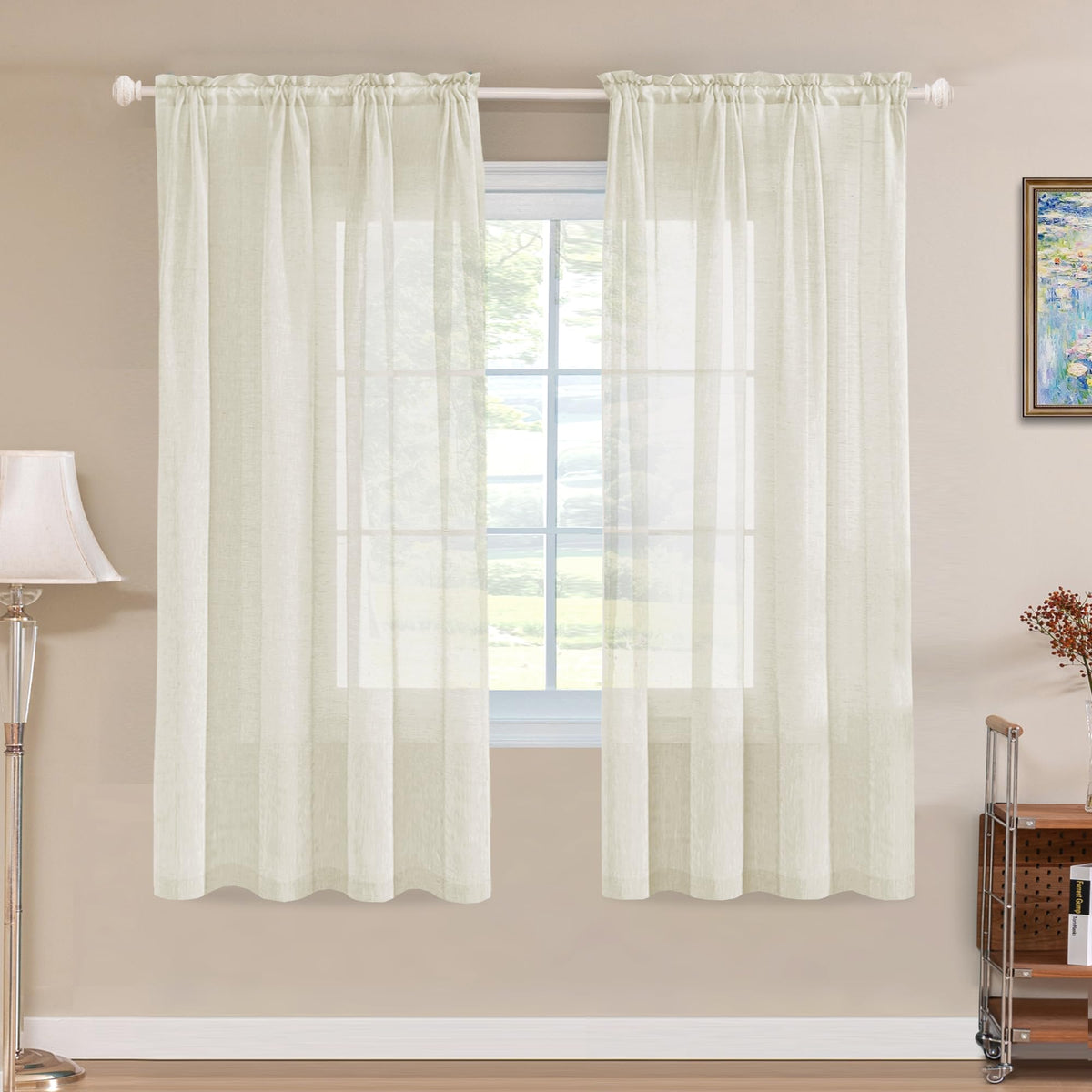 Turquoize White Linen Curtains 96 Inches Long Semi Sheer Curtains Light Filtering Linen Drapes for Living Room/Bedroom 2 Panels Set Rod Pocket Window Treatments Panels,W52 x L96, White
