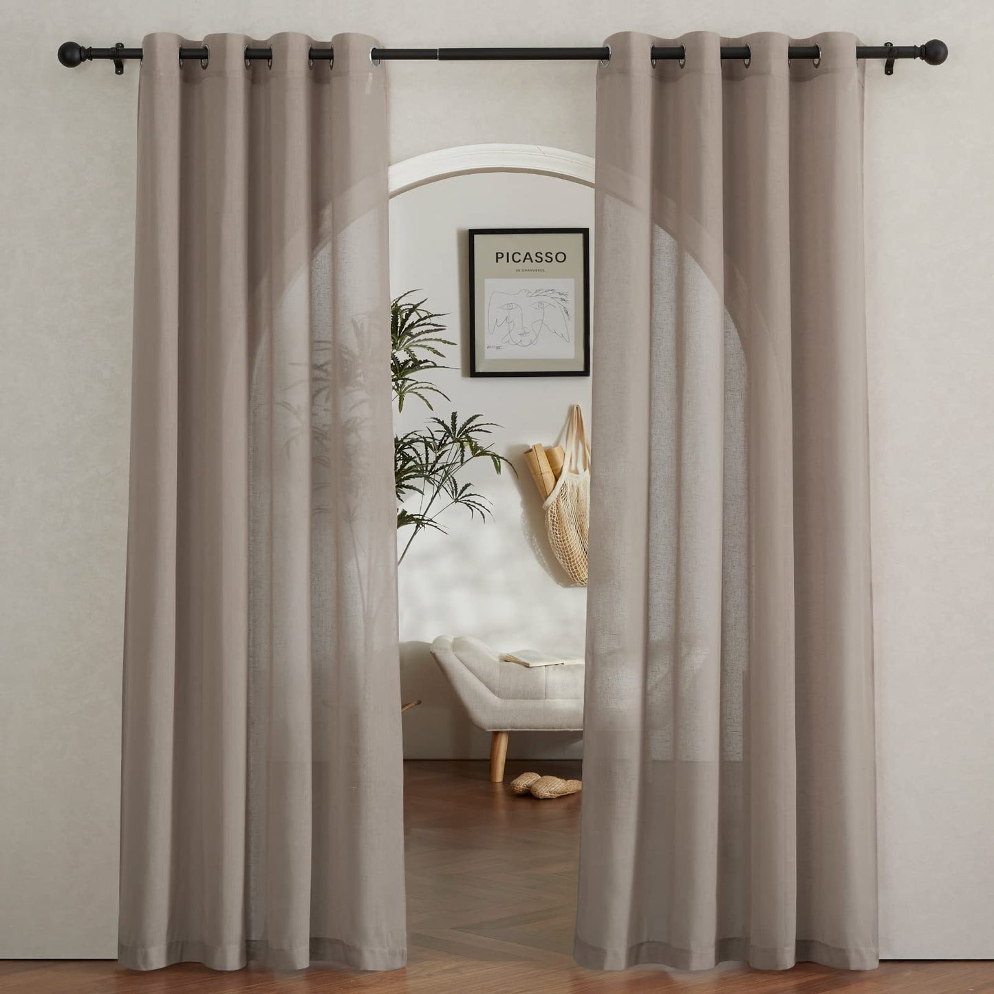 NICETOWN White Sheer Linen Curtains for Living Room 84 inch Length 2 Panels Set, Grommet Semi Sheer Privacy with Light Filtering Flax Window Treatments for Bedroom, W52 x L84