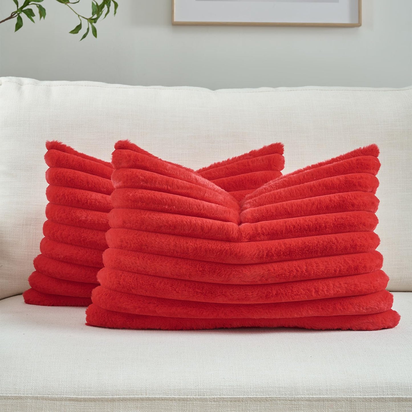 FUTEI Pack of 2 Faux Fur Throw Pillow Covers 18x18 Inch, Cream White | Fluffy Faux Rabbit Fur Front/Premium Velvet Back,Hidden Zipper,Machine Washable,Non-Shedding,Colorfast,Insert Not Included.