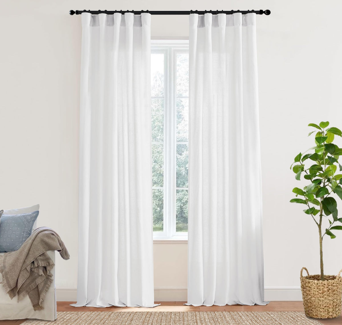 Linen Cotton Curtains for Living Room, Cream Off White Natural Fabric Light Filtering Semi Sheer Curtains 84 Inches Long, Ivory Pleated Farmhouse Curtain Drapes 84 Inch Length 2 Panels Set Dining Room