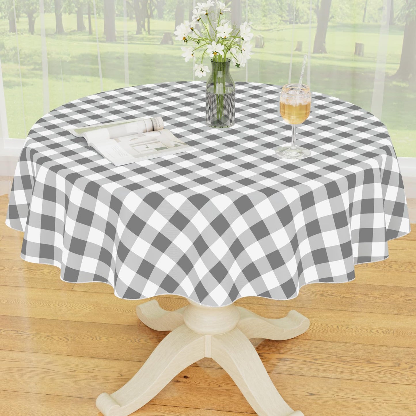 Smiry Picnic Table Cloth, Vinyl Tablecloths with Flannel Backing, 60"x84" | Waterproof Rectangle Table Cloth, Wipeable Buffalo Plaid Table Cover for Indoor and Outdoor (Khaki & White)