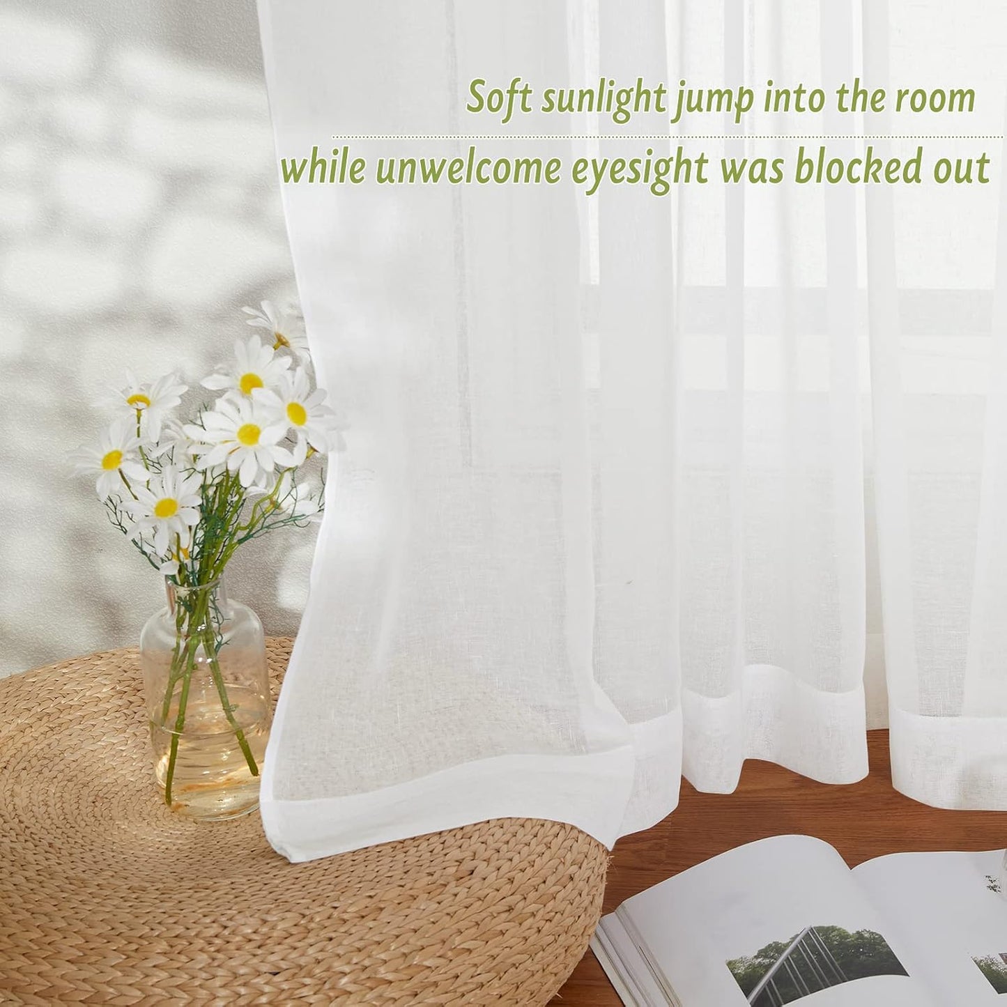 PONY DANCE White Sheer Curtains 96 inches Long, 2 Panels | Floor to Ceiling Curtains Living Room Window Treatments Natural Linen Blended Sheer Drapes for Bedroom, 52 Wide x 96 Long