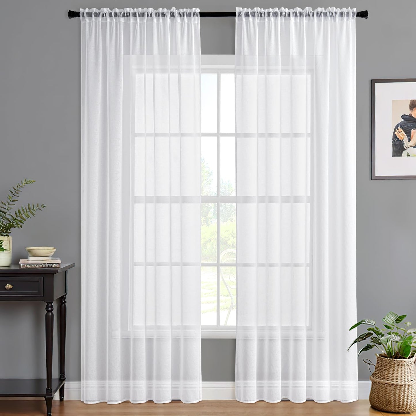 MIULEE Semi White Linen Textured Sheer Curtains 42W×84L Rod Pocket 2 Panels | Semi Transparent, Farmhouse, Window Net Panels with Rod Pocket for Bedroom Living Room