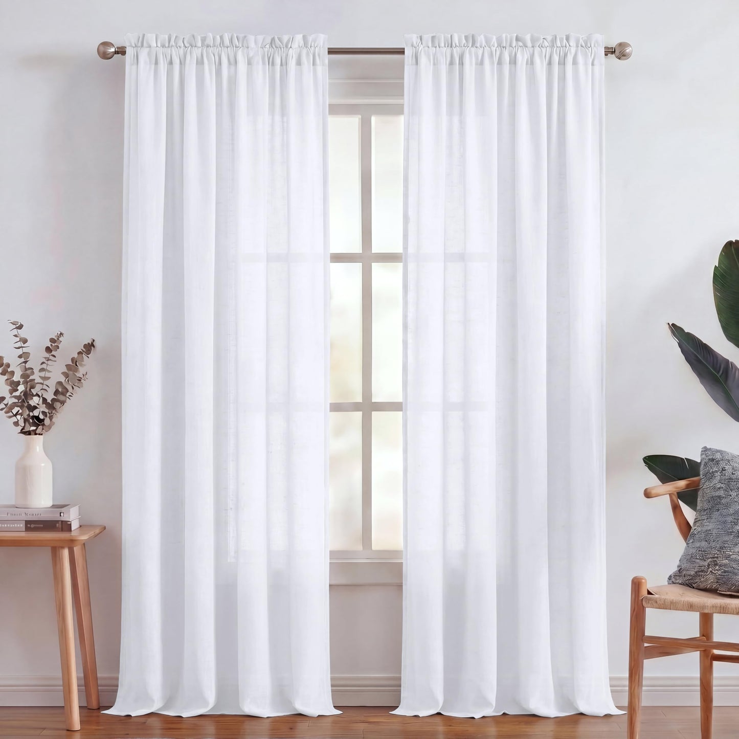 Turquoize White Linen Curtains 96 Inches Long Semi Sheer Curtains Light Filtering Linen Drapes for Living Room/Bedroom 2 Panels Set Rod Pocket Window Treatments Panels,W52 x L96, White