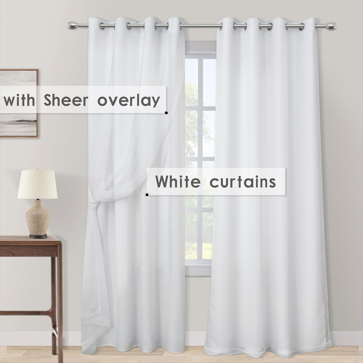 White Sheer Curtains 84 Inches Long Set 2 Panels Grommet Pair Faux Linen Semi Transparent Drape Tulle Gauze Voile Window Sheer Curtains for Bedroom Living Room Dining Wide 52 Length Solid Pack