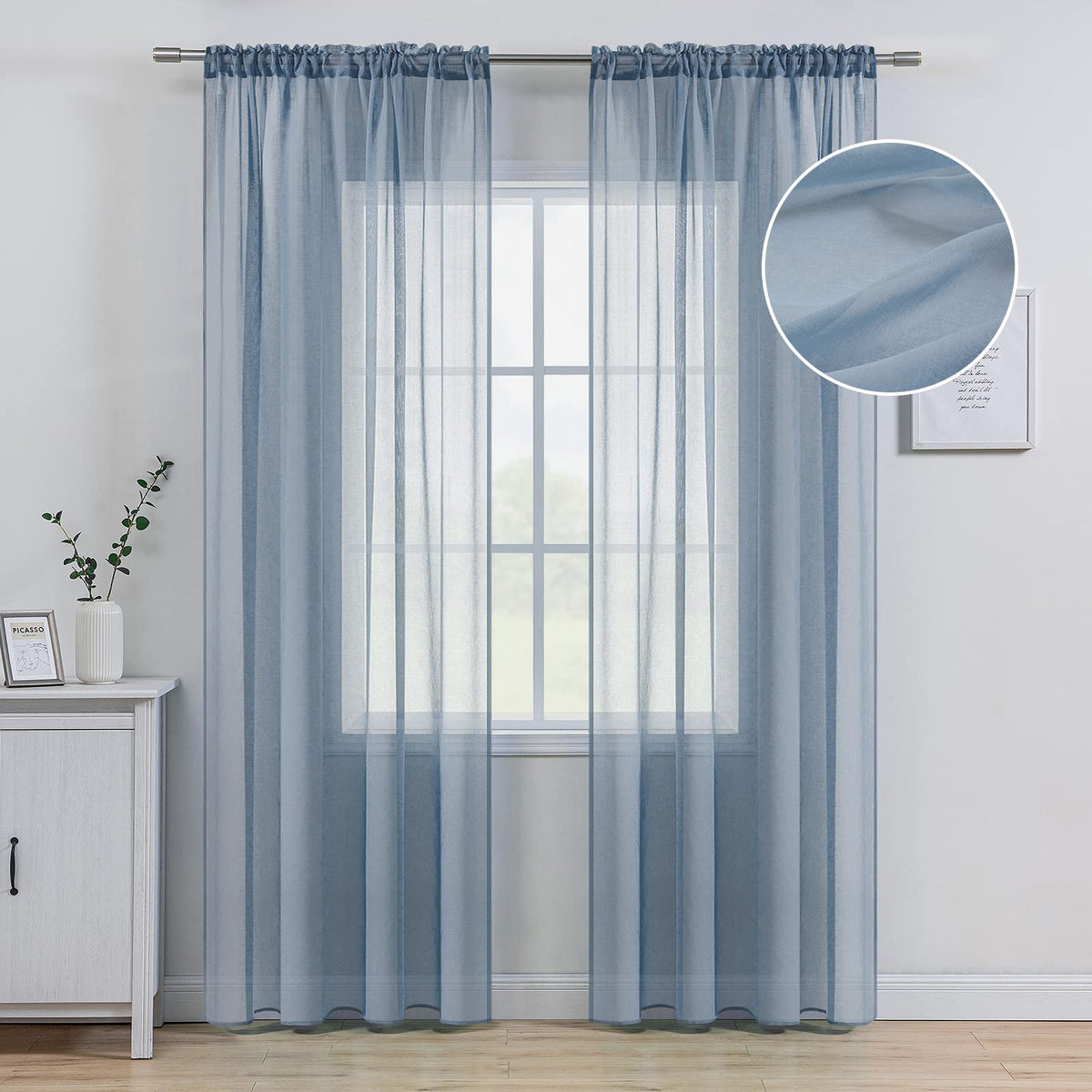 MIULEE Semi White Linen Textured Sheer Curtains 42W×84L Rod Pocket 2 Panels | Semi Transparent, Farmhouse, Window Net Panels with Rod Pocket for Bedroom Living Room