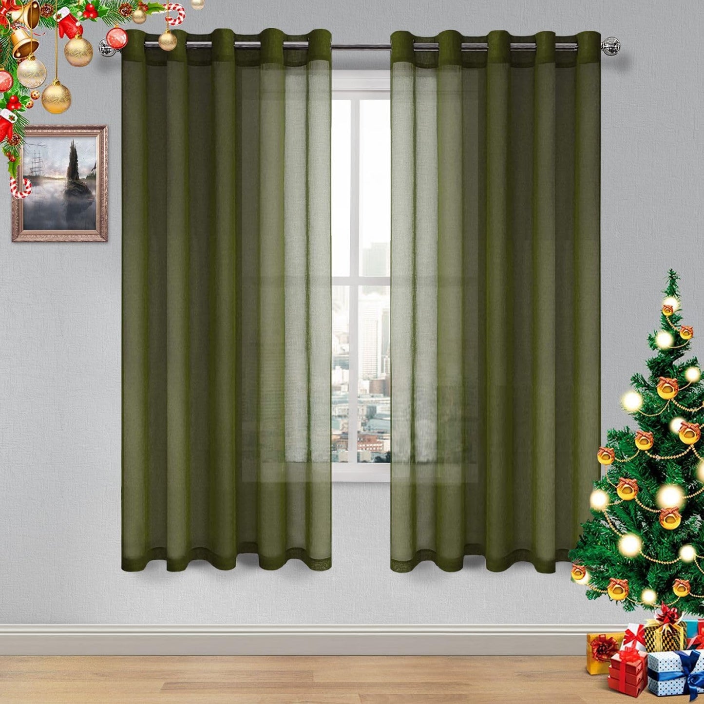 DWCN White Sheer Curtains Linen Look Semi Transparent Voile Grommet White Curtains for Living Dining Room Drapes 52 x 84 Inch Long, Set of 2 Panels