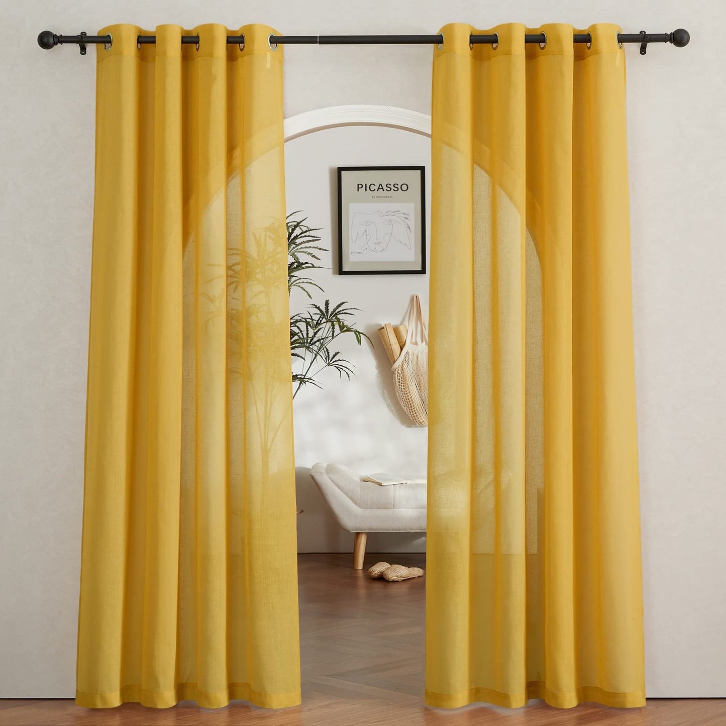 NICETOWN White Sheer Linen Curtains for Living Room 84 inch Length 2 Panels Set, Grommet Semi Sheer Privacy with Light Filtering Flax Window Treatments for Bedroom, W52 x L84