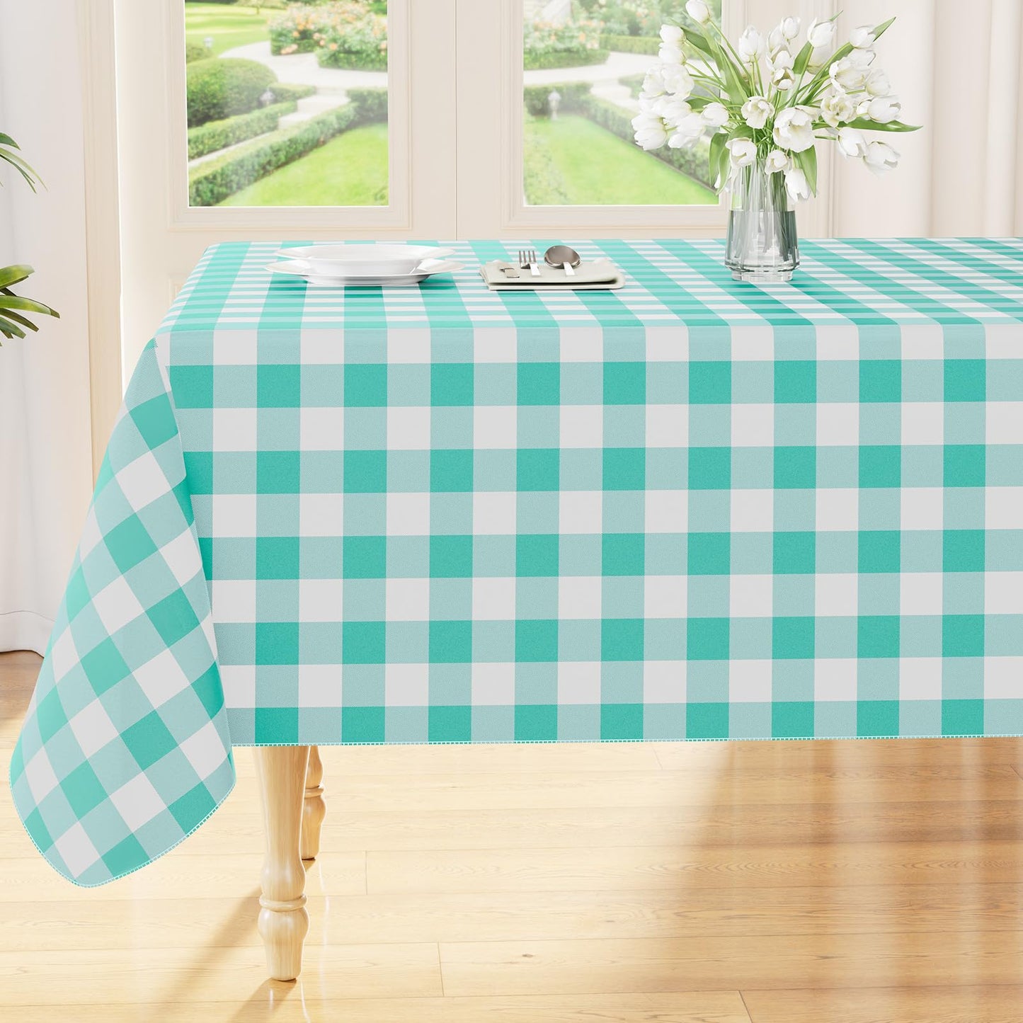 Smiry Picnic Table Cloth, Vinyl Tablecloths with Flannel Backing, 60"x84" | Waterproof Rectangle Table Cloth, Wipeable Buffalo Plaid Table Cover for Indoor and Outdoor (Khaki & White)