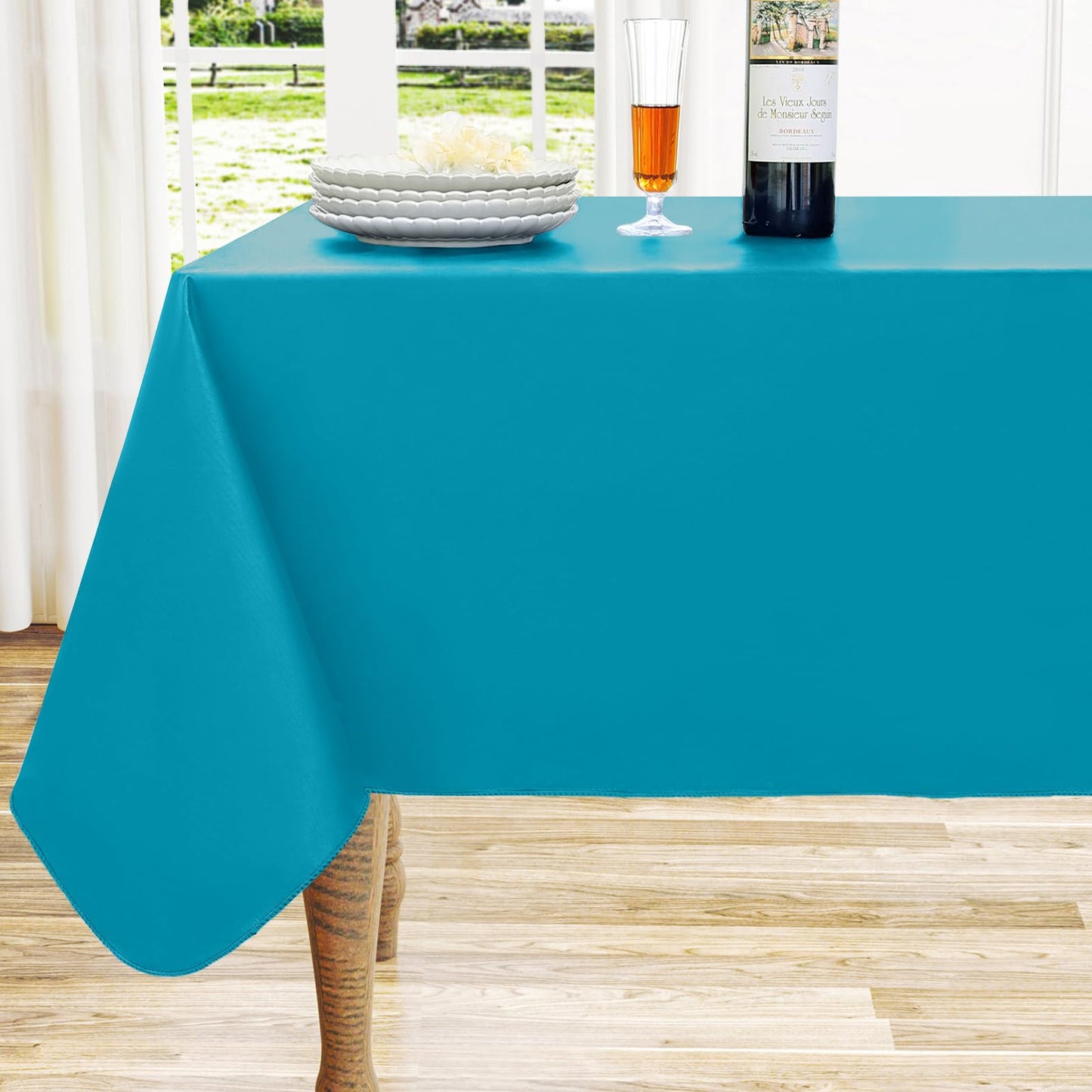 Round Navy Blue Vinyl Waterproof Tablecloth with Flannel Backed | Spillproof Wipe Clean Table Cloth, Plastic Flannel Backing for Dining, Buffet Parties Picnic Camping, 60"