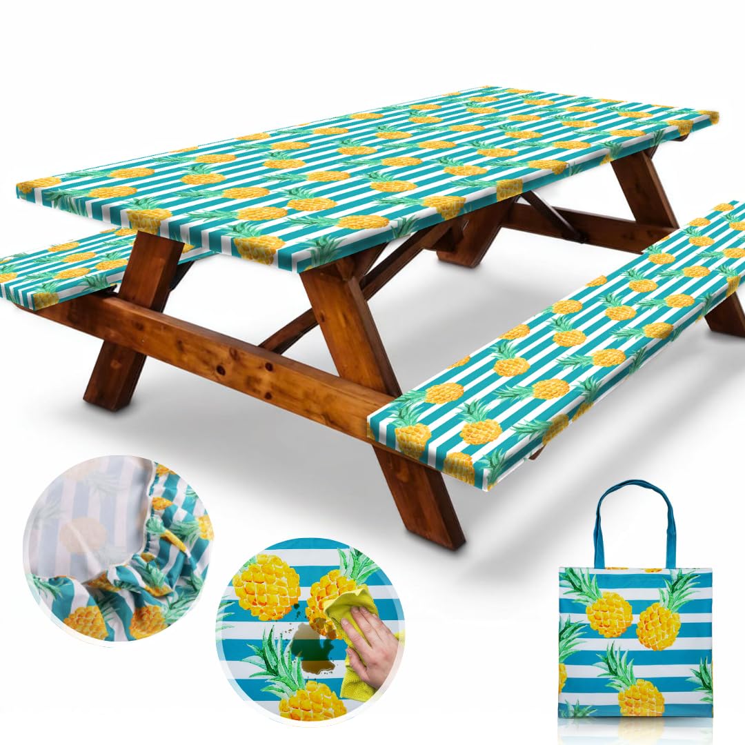 Vinyl Fitted Picnic Table Cover with Bench Covers & Blue 6ft Blue Checkered | Vinyl Fitted Picnic Table Cover with Bench Covers and Bag, Outdoor Waterproof Windproof Picnic Tablecloth with Elastic Edges.