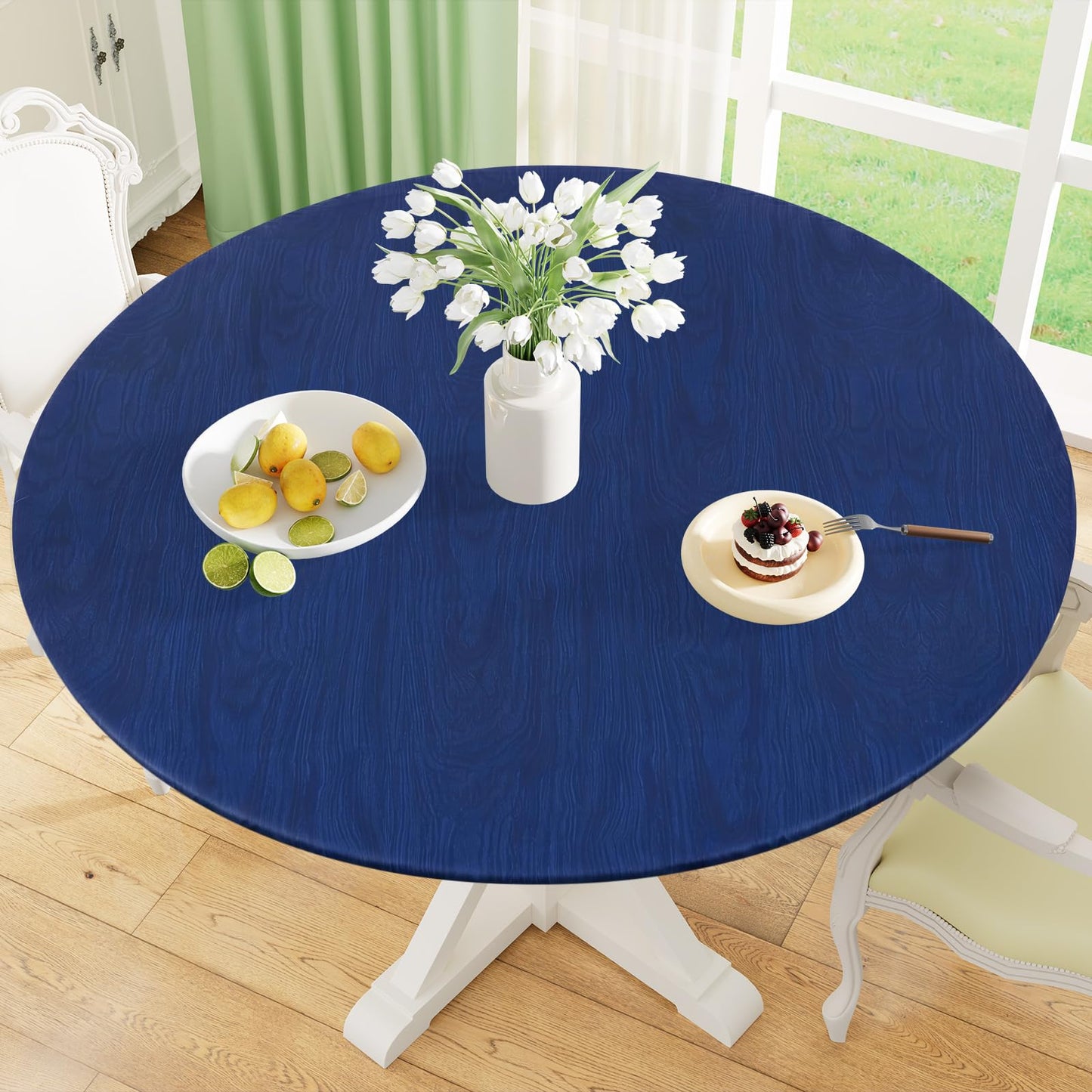 Round Fitted Tablecloth with Elastic Edge, 100% Waterproof Oil Proof Plastic Table Cover, Vinyl Flannel Backed Tablecloth Fits 36"-44" Round Tables for Dinner, Outdoor, Picnic, Oak Wooden Grain