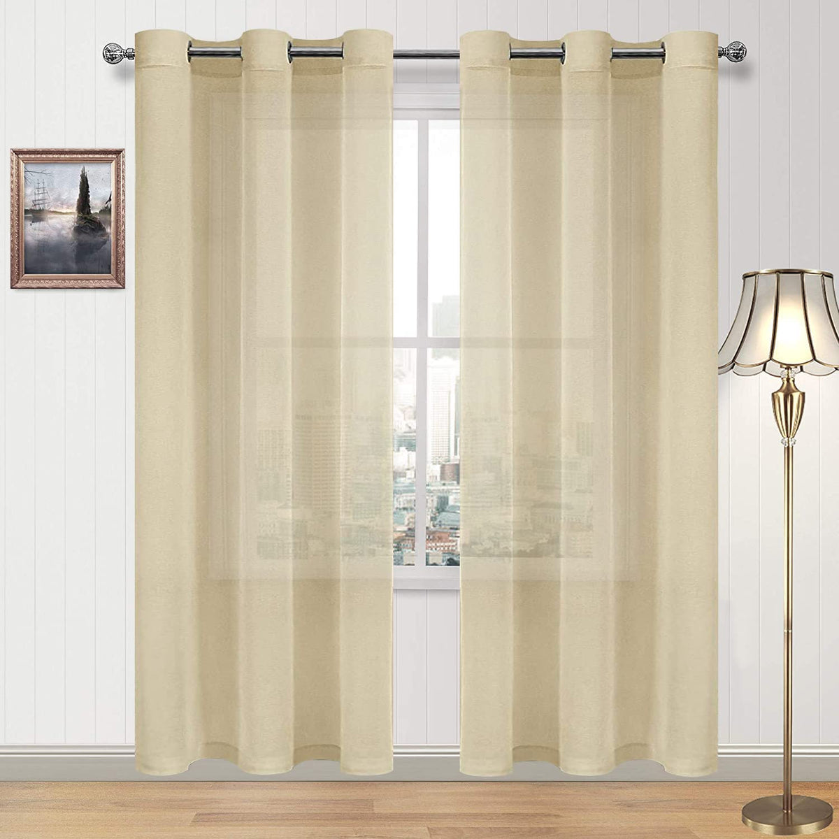 DWCN White Sheer Curtains Linen Look Semi Transparent Voile Grommet White Curtains for Living Dining Room Drapes 52 x 84 Inch Long, Set of 2 Panels