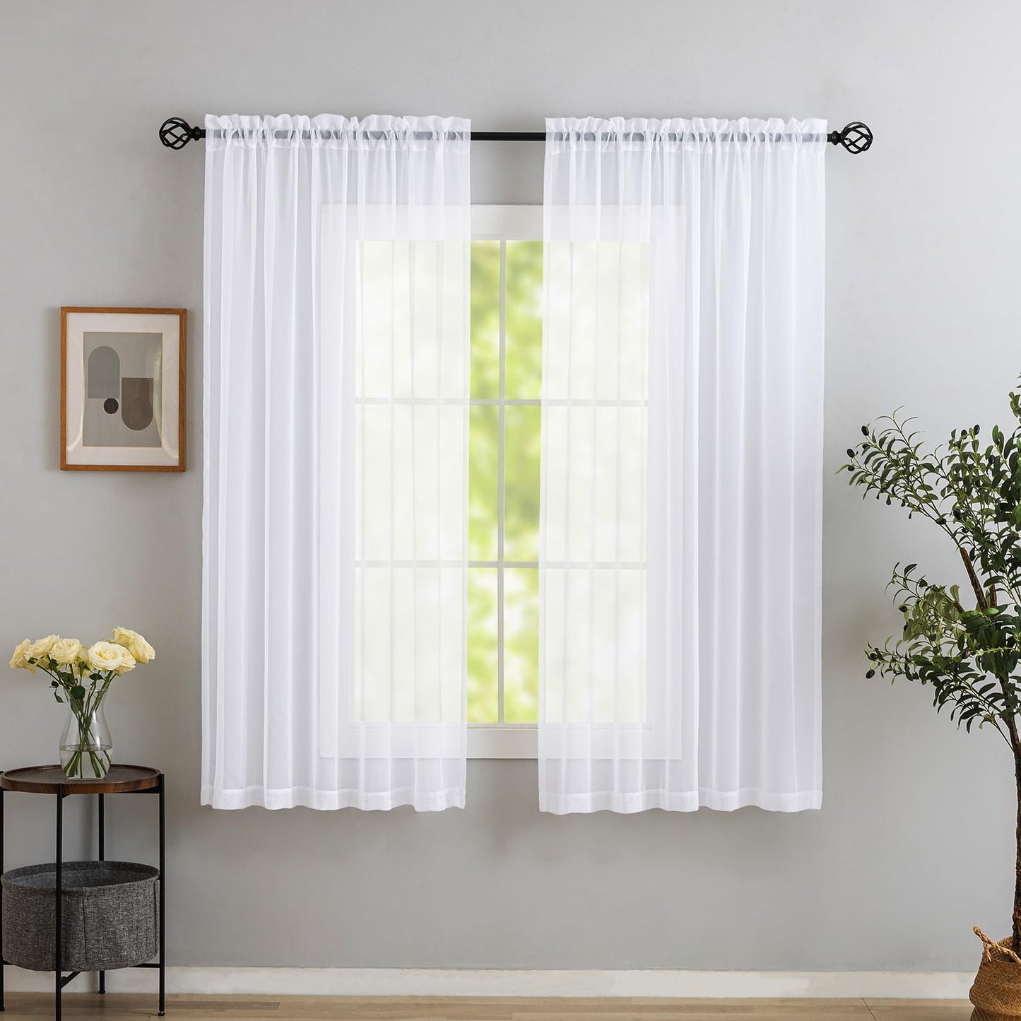 MYSTIC-HOME Sheer Curtains White 63 Inch Length, Rod Pocket Voile Drapes for Living Room, Bedroom, Window Treatments Semi Crinkle Curtain Panels for Yard, Patio, Villa, Parlor, Set of 2, 52"x 63"