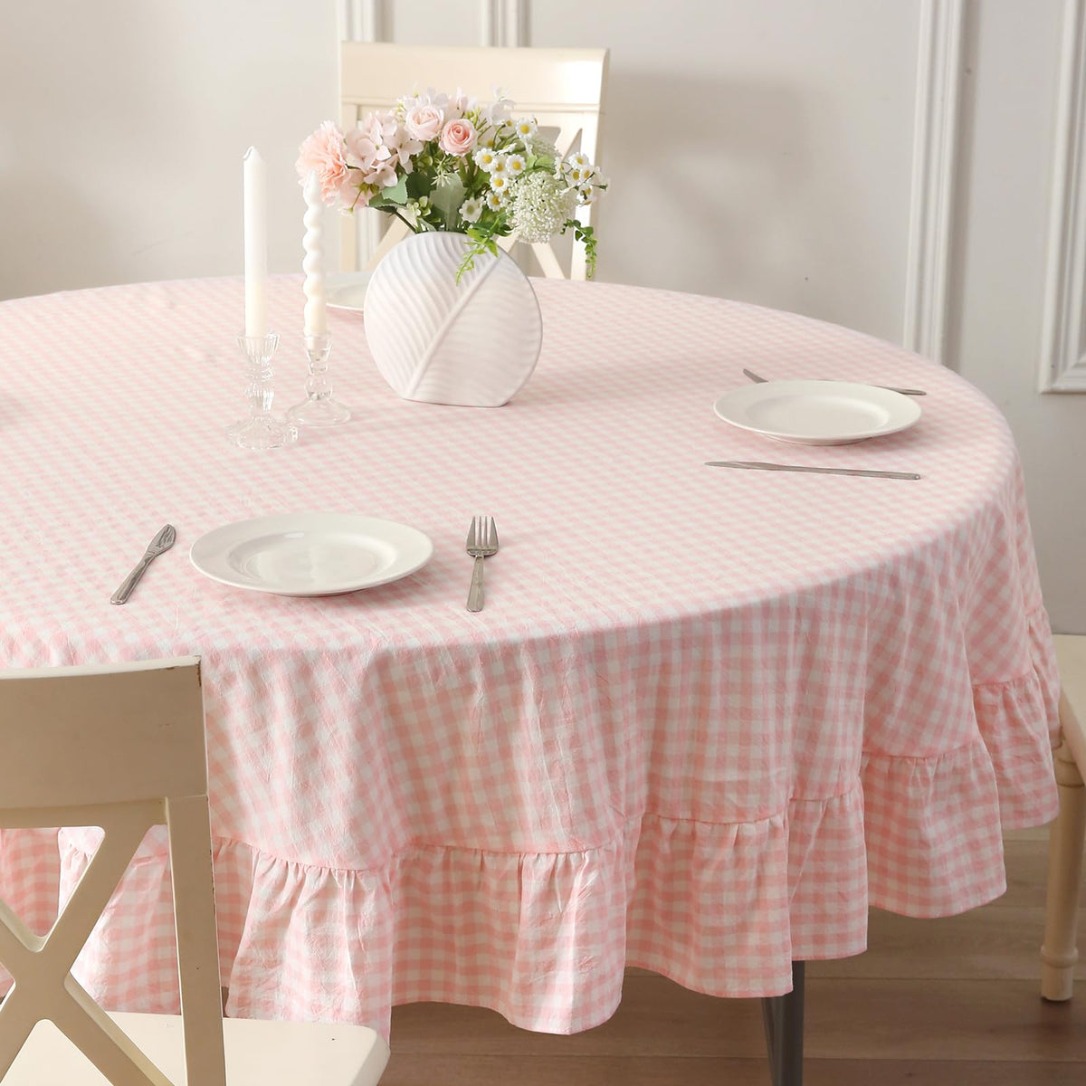 Blush White Gingham Ruffled Table Cloth Rectangular 120“x60” | 100% Washed Cotton, for Seat 8-10, Buffet Picnic Baby Shower Party Tablecloth, Decorative Checker Plaid Farmhouse Table Cover