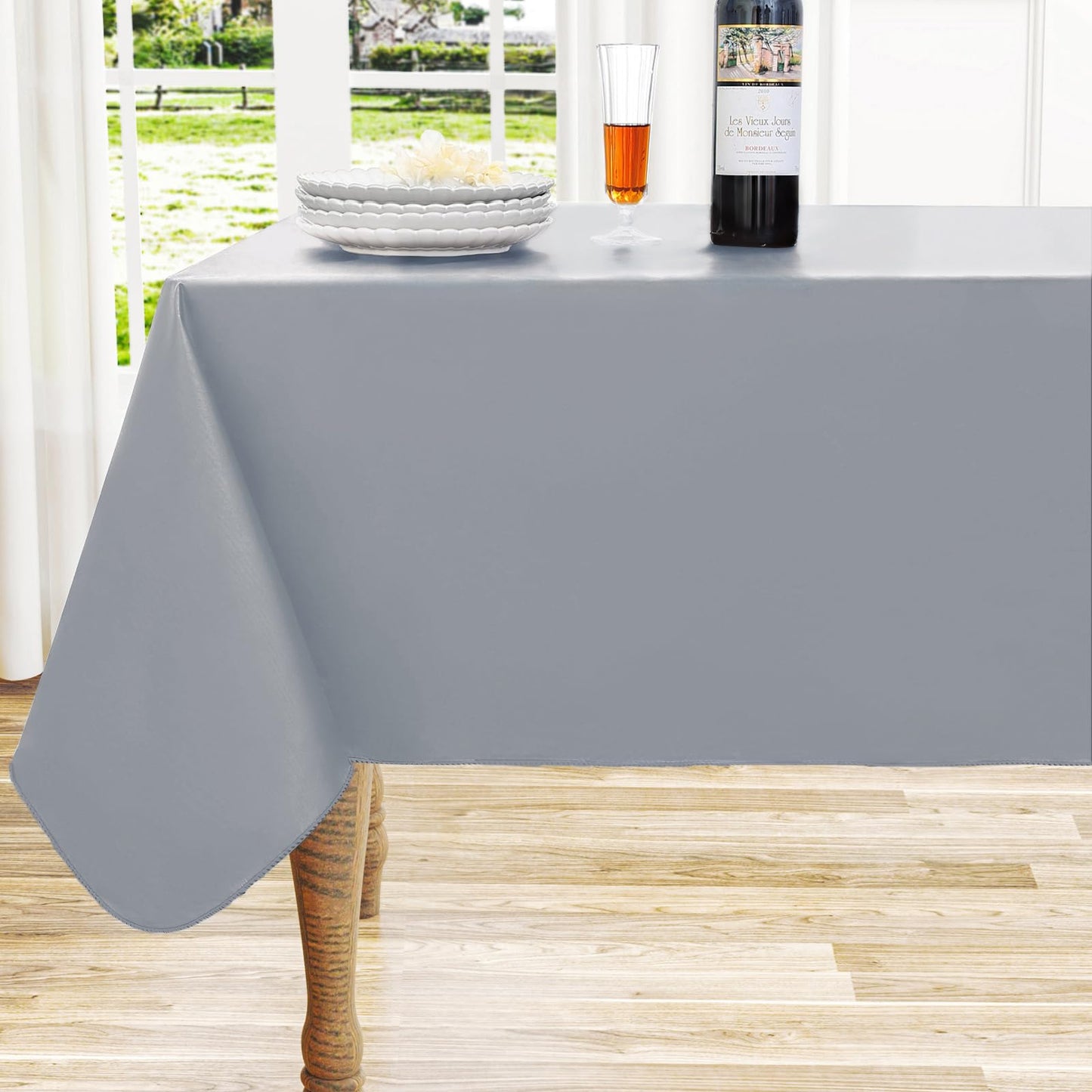 Round Navy Blue Vinyl Waterproof Tablecloth with Flannel Backed | Spillproof Wipe Clean Table Cloth, Plastic Flannel Backing for Dining, Buffet Parties Picnic Camping, 60"