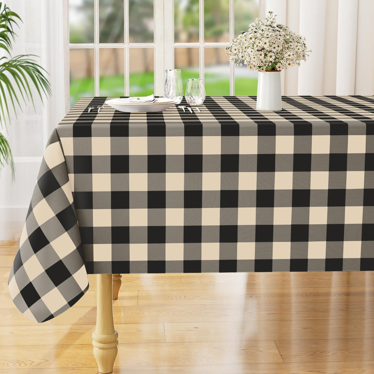 Rectangle Waterproof Vinyl Table Cloth, Buffalo Flannel Backed Tablecloth, Wipeable Plastic Table Cover for Dinner, Kitchen, Outdoor (60" x 84", Black and White)