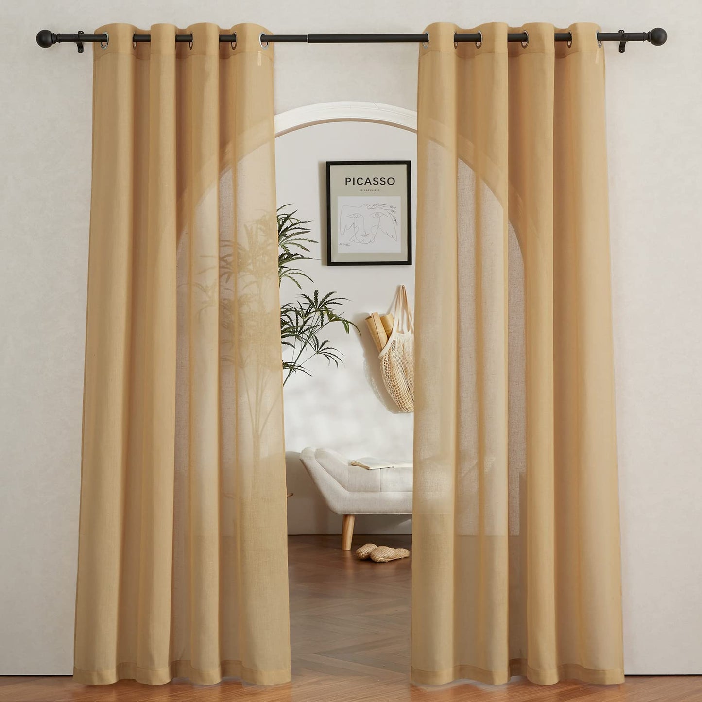 NICETOWN White Sheer Linen Curtains for Living Room 84 inch Length 2 Panels Set, Grommet Semi Sheer Privacy with Light Filtering Flax Window Treatments for Bedroom, W52 x L84