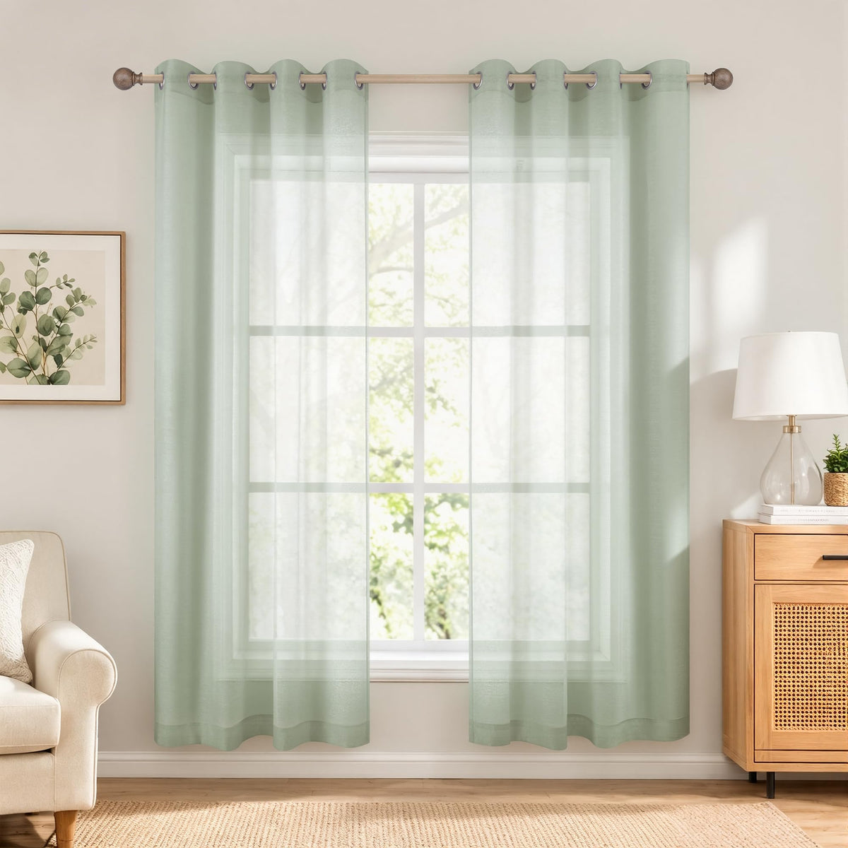 White Sheer Curtains 84 Inches Long Set 2 Panels Grommet Pair Faux Linen Semi Transparent Drape Tulle Gauze Voile Window Sheer Curtains for Bedroom Living Room Dining Wide 52 Length Solid Pack