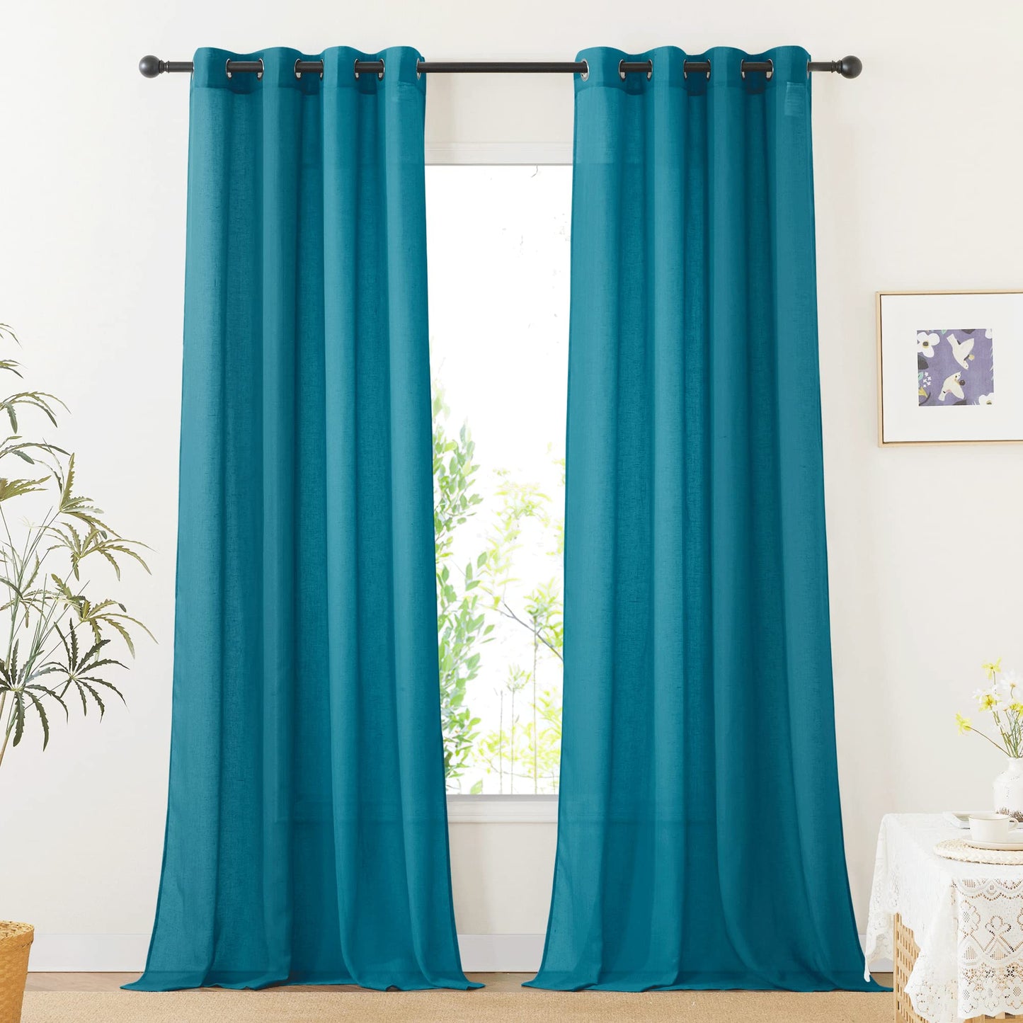 NICETOWN White Sheer Linen Curtains for Living Room 84 inch Length 2 Panels Set, Grommet Semi Sheer Privacy with Light Filtering Flax Window Treatments for Bedroom, W52 x L84