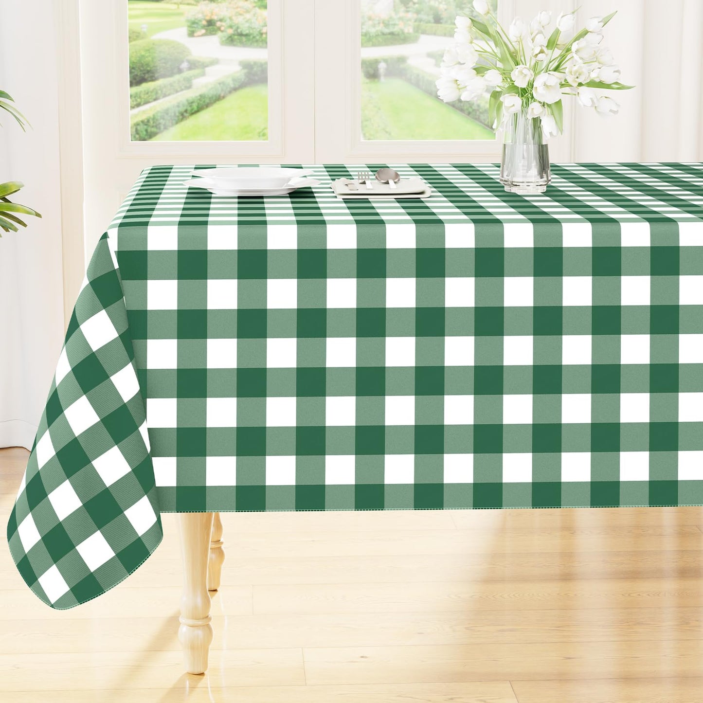 Smiry Picnic Table Cloth, Vinyl Tablecloths with Flannel Backing, 60"x84" | Waterproof Rectangle Table Cloth, Wipeable Buffalo Plaid Table Cover for Indoor and Outdoor (Khaki & White)