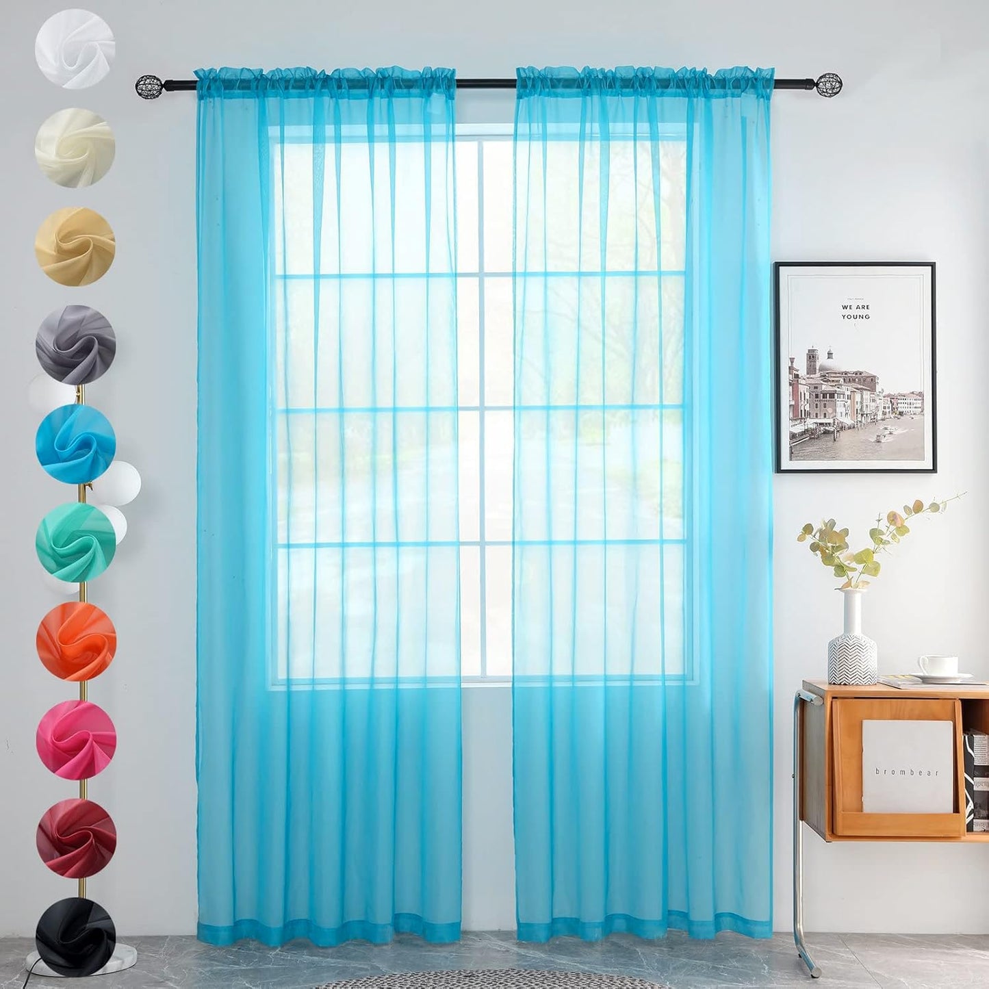 youleyar Solid Sheer Rod Pocket Curtain Voile Draperies 2 Panels White Beige Black Grey Coffee 52 Inch Width 84 Inch Long 1 Pair for Kitchen Bedroom Children Living Room Yard (Ivory,52W ｘ 84L)