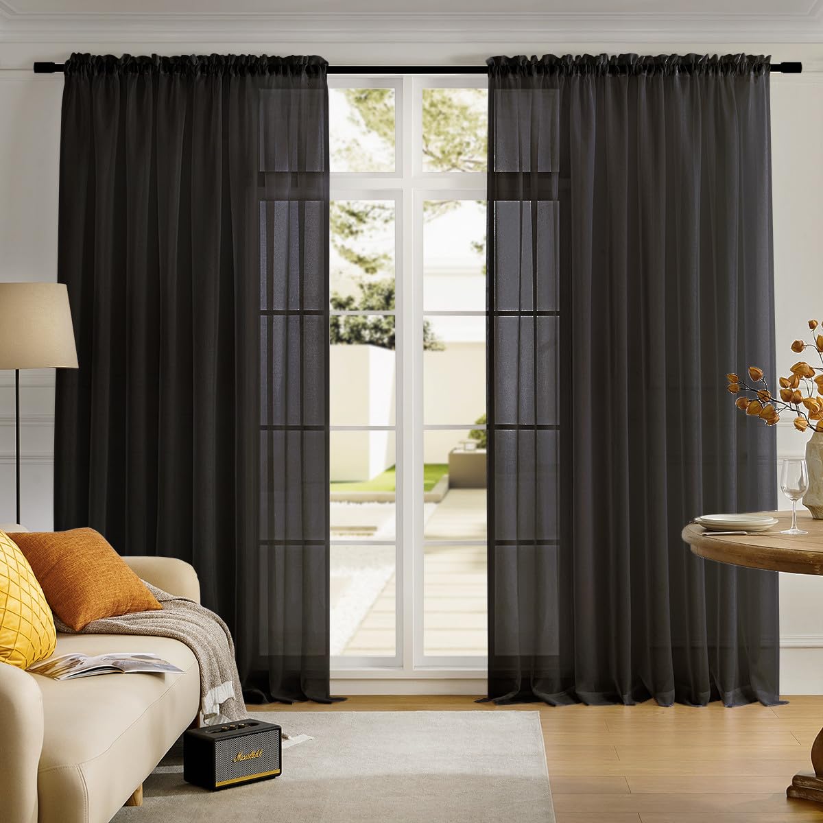 MYSTIC-HOME Sheer Curtains White 63 Inch Length, Rod Pocket Voile Drapes for Living Room, Bedroom, Window Treatments Semi Crinkle Curtain Panels for Yard, Patio, Villa, Parlor, Set of 2, 52"x 63"