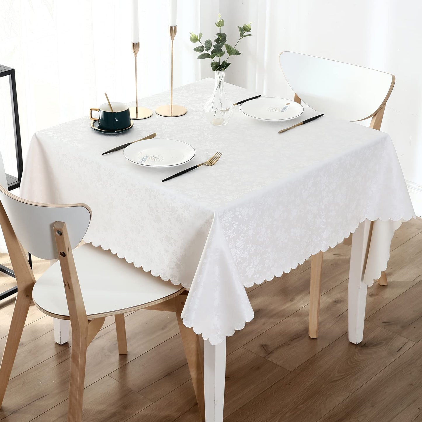 Smiry Rectangle Waterproof Heavy Duty Vinyl Tablecloths, 60 x 84 Inch | Wipeable Washable Floral Embossed Table Cover for Kitchen and Dining Room, Indoor & Outdoor Use, Beige