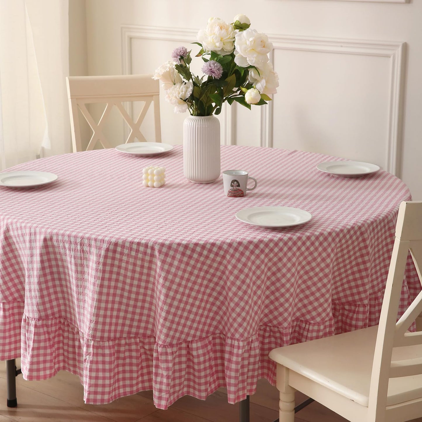 Blush White Gingham Ruffled Table Cloth Rectangular 120“x60” | 100% Washed Cotton, for Seat 8-10, Buffet Picnic Baby Shower Party Tablecloth, Decorative Checker Plaid Farmhouse Table Cover