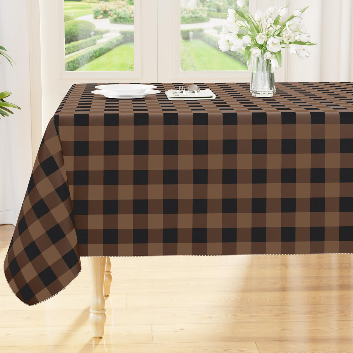 Smiry Picnic Table Cloth, Vinyl Tablecloths with Flannel Backing, 60"x84" | Waterproof Rectangle Table Cloth, Wipeable Buffalo Plaid Table Cover for Indoor and Outdoor (Khaki & White)