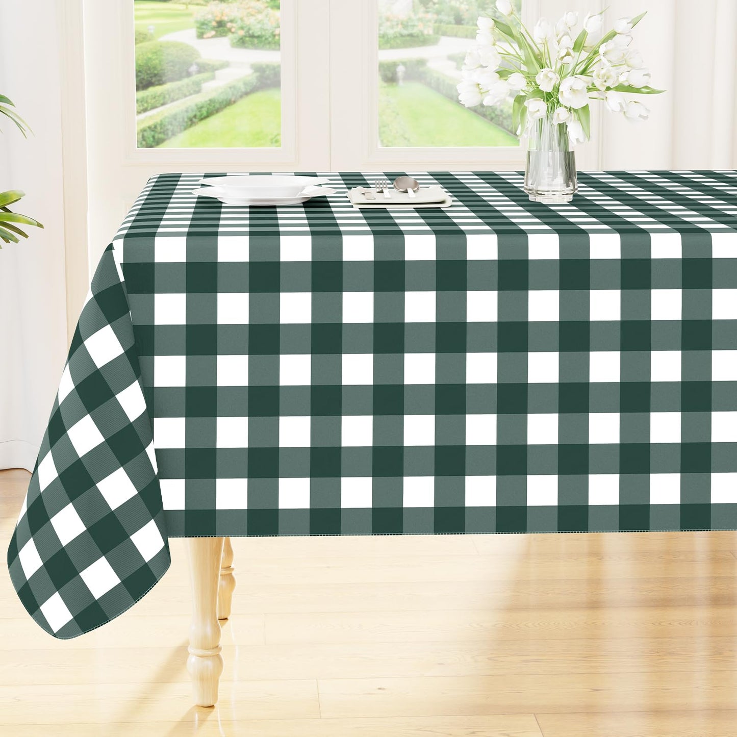Smiry Picnic Table Cloth, Vinyl Tablecloths with Flannel Backing, 60"x84" | Waterproof Rectangle Table Cloth, Wipeable Buffalo Plaid Table Cover for Indoor and Outdoor (Khaki & White)