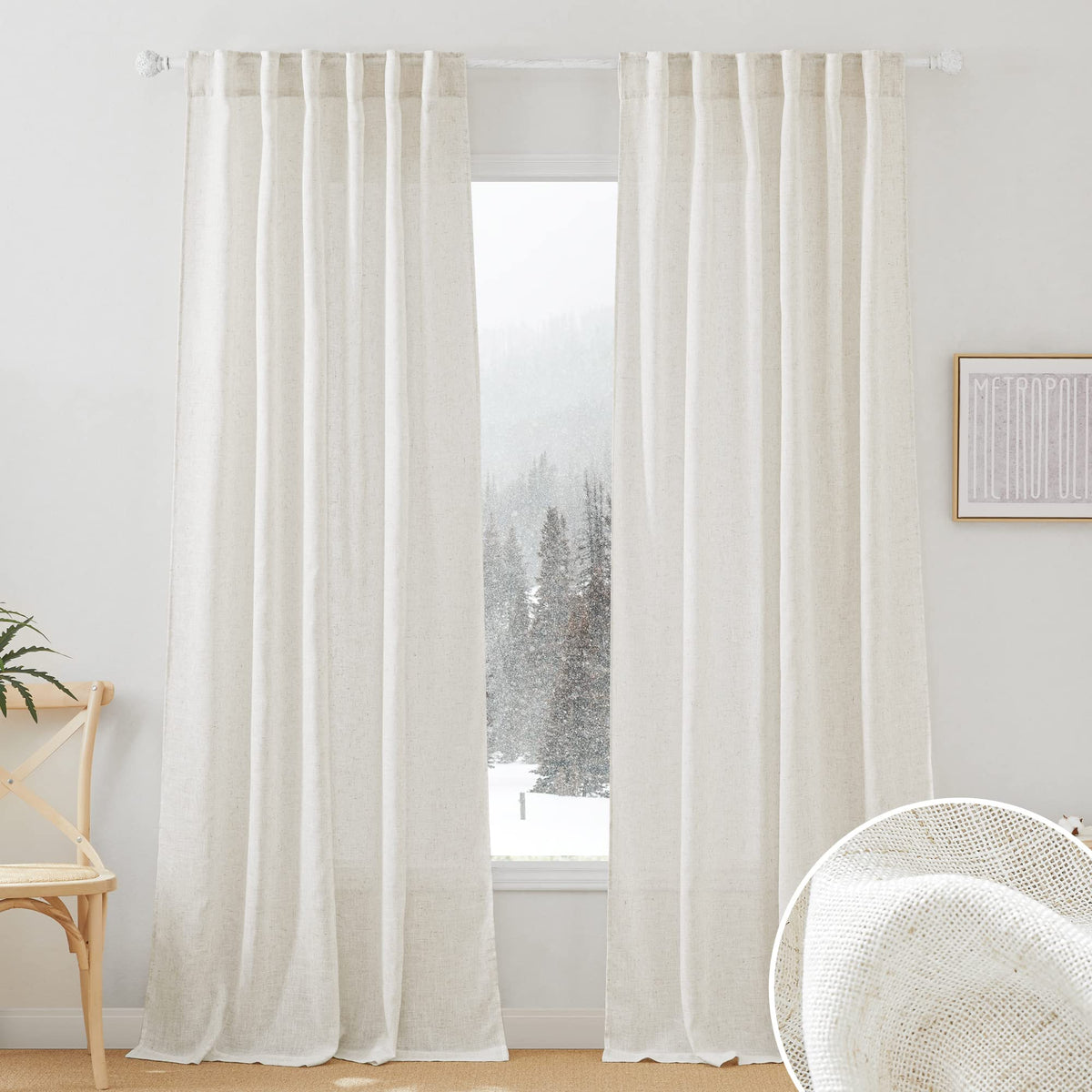 RYB HOME White Sheer Curtains for Living Room Patio Glass Door, W52 x L95 | Linen Texture, Light Filtering Privacy, Airy Translucent, Back Tab, Bedroom Office Balcony, W52 x L95, 2 Panels